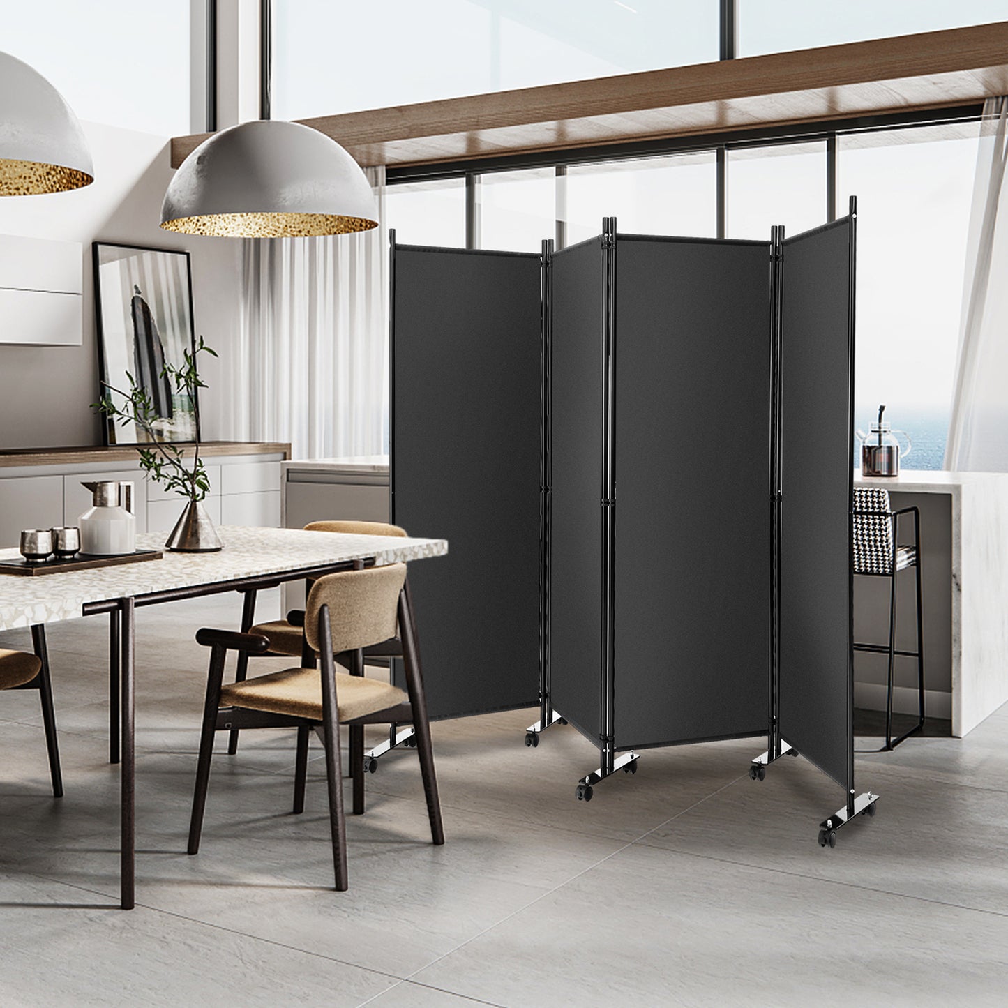 4-Panel Folding Room Divider with Wheels for Living Room Bedroom -Black