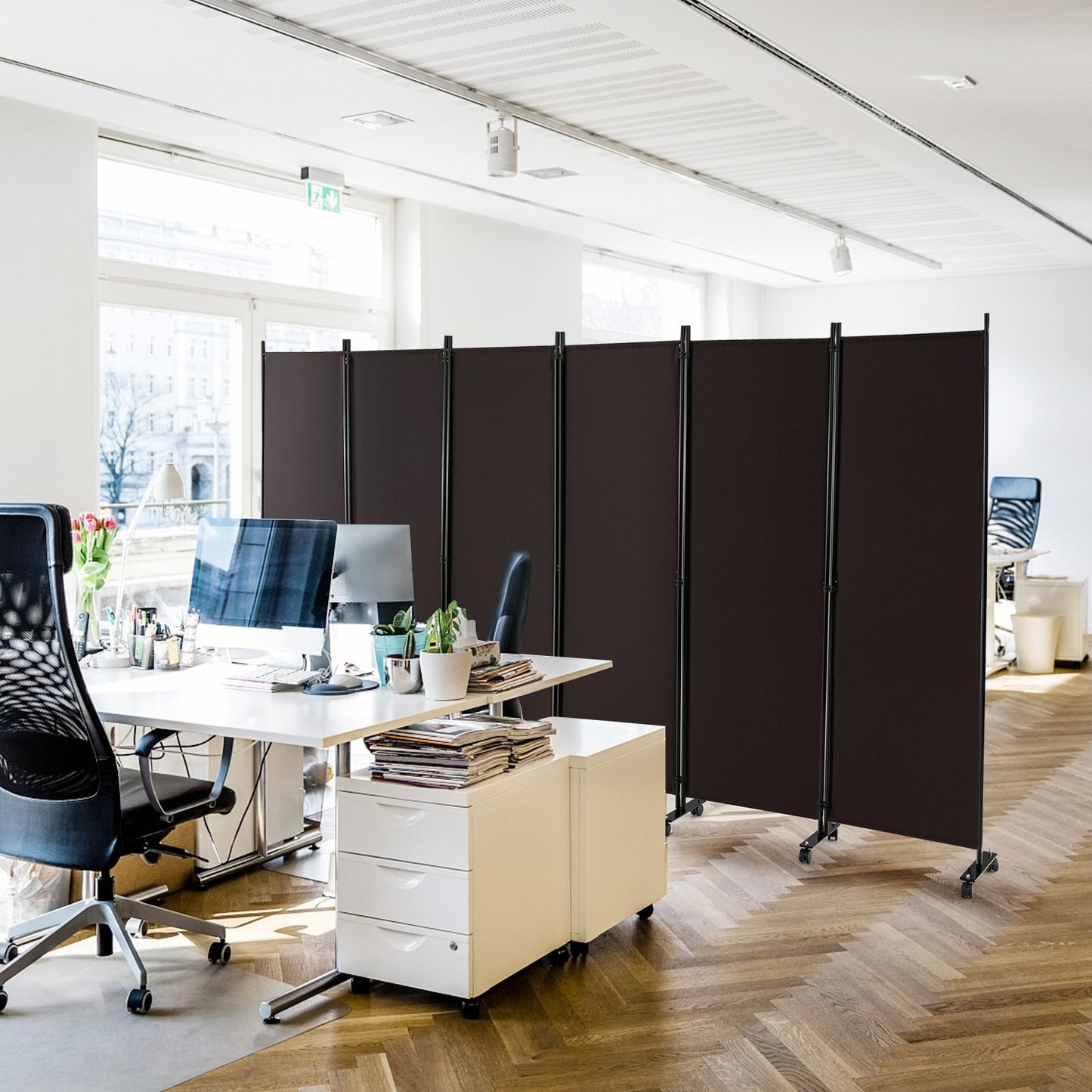 6 Panel Room Divider on Wheels-Black