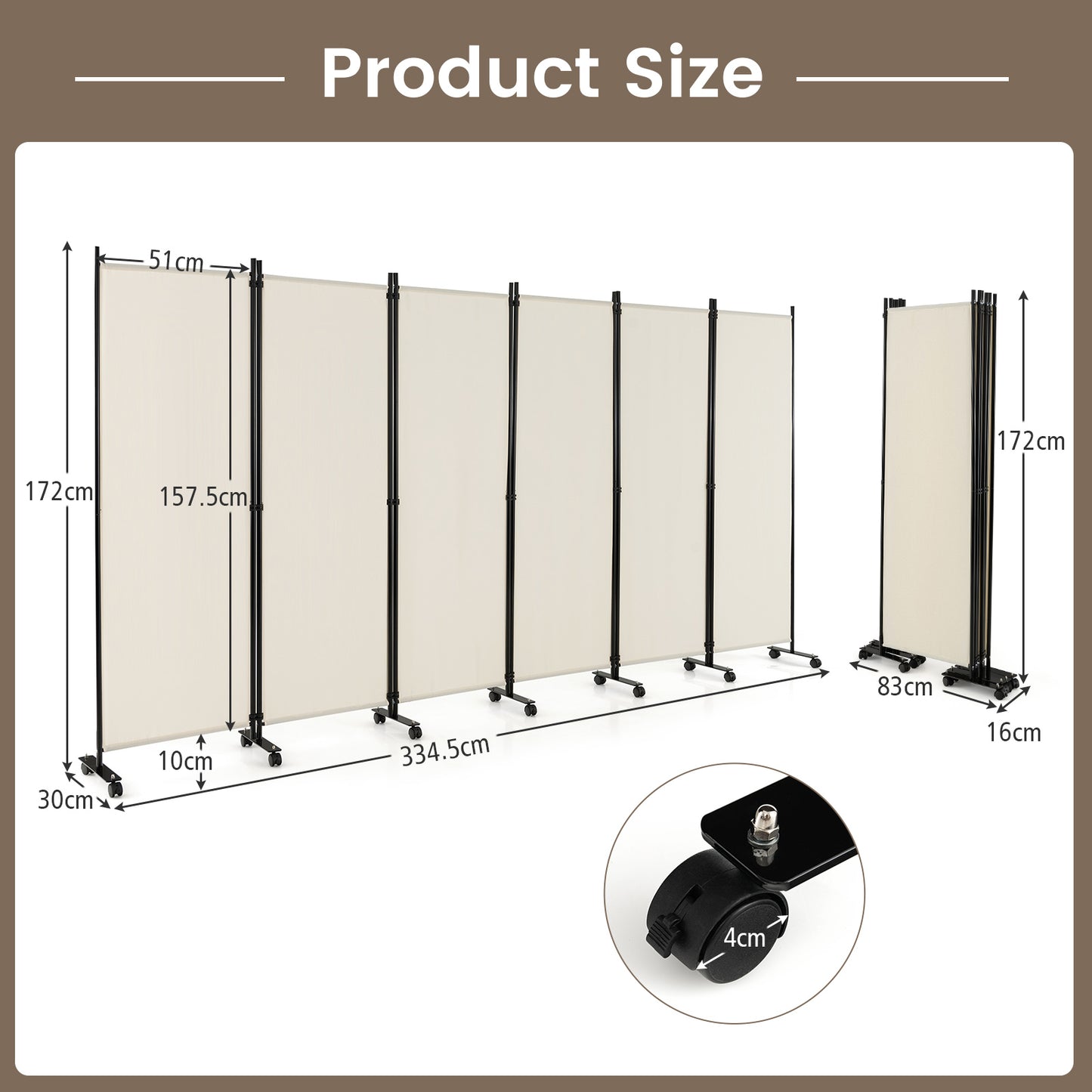6 Panel Room Divider on Wheels-Black
