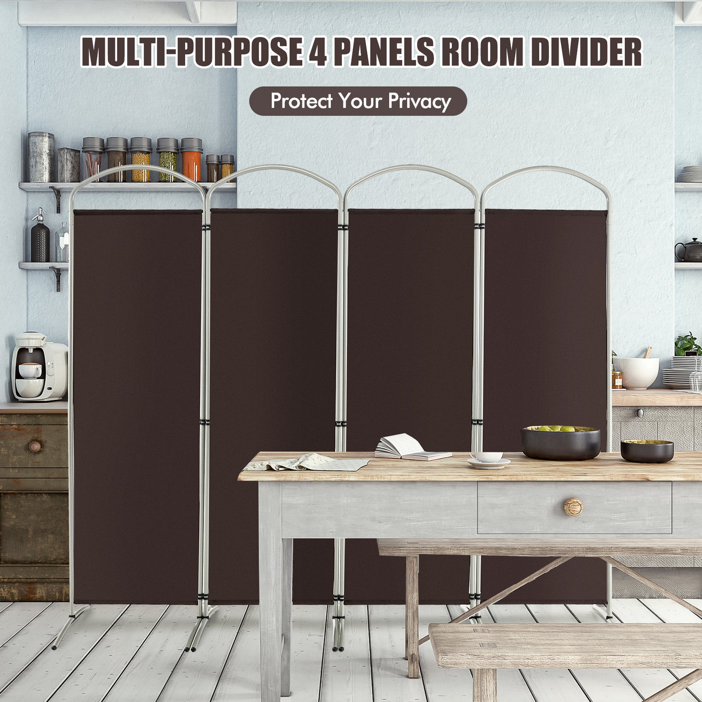 4 Panel Freestanding Folding Room Divider for Living Room Office-Black