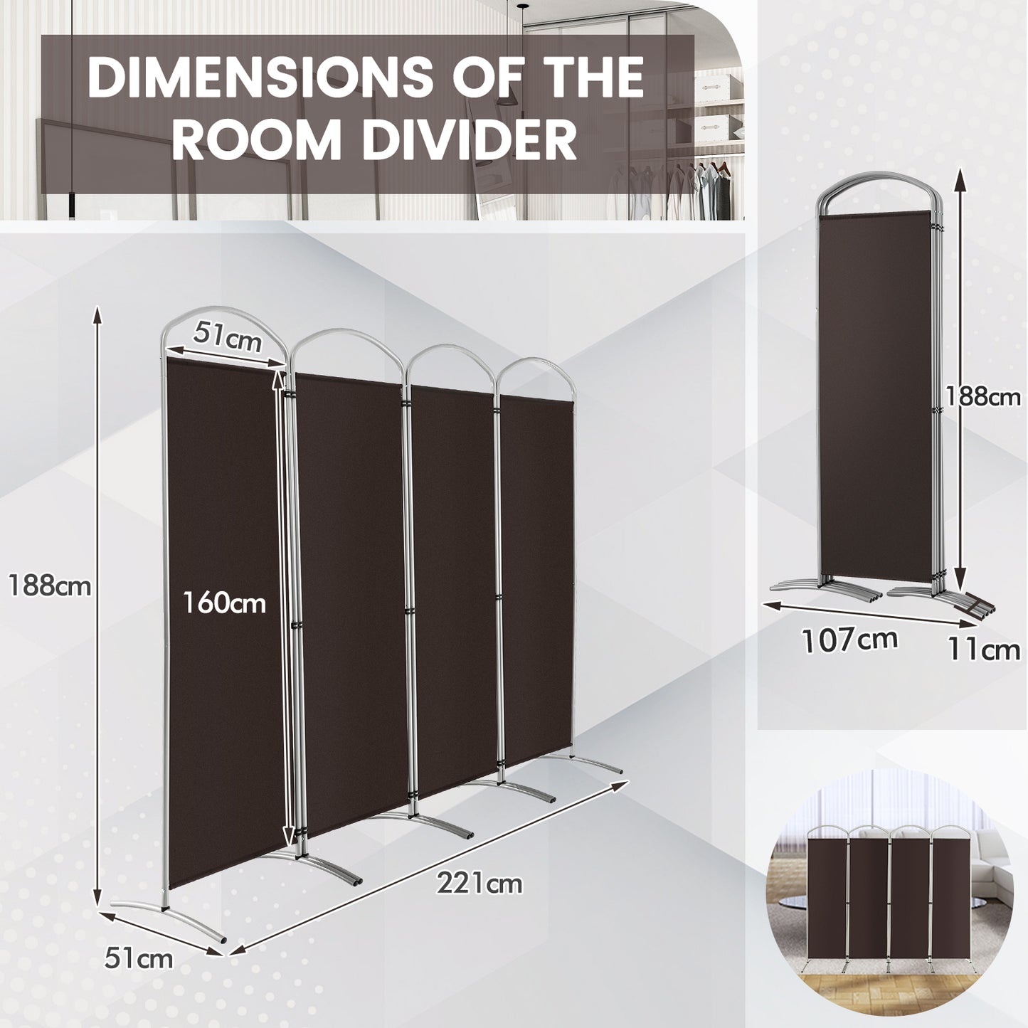 4 Panel Freestanding Folding Room Divider for Living Room Office-Black