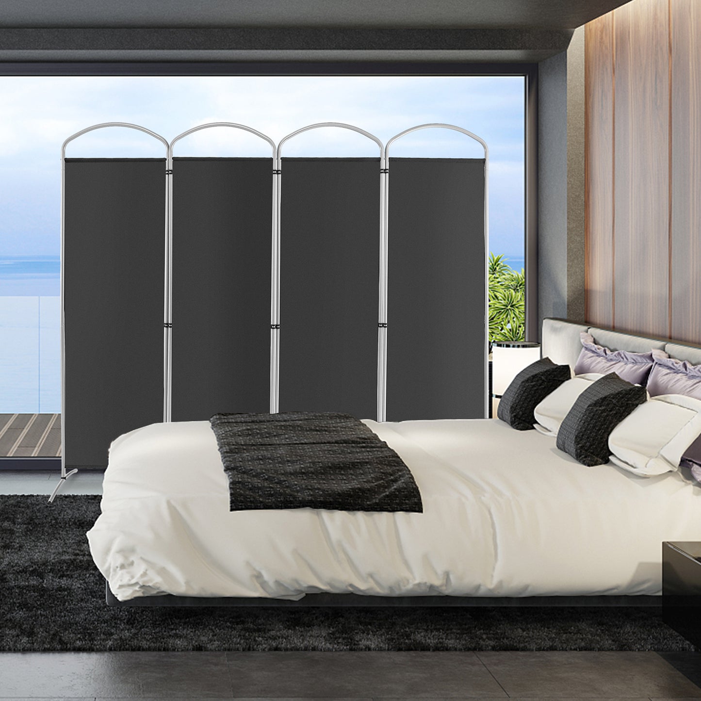 4 Panel Freestanding Folding Room Divider for Living Room Office-Black