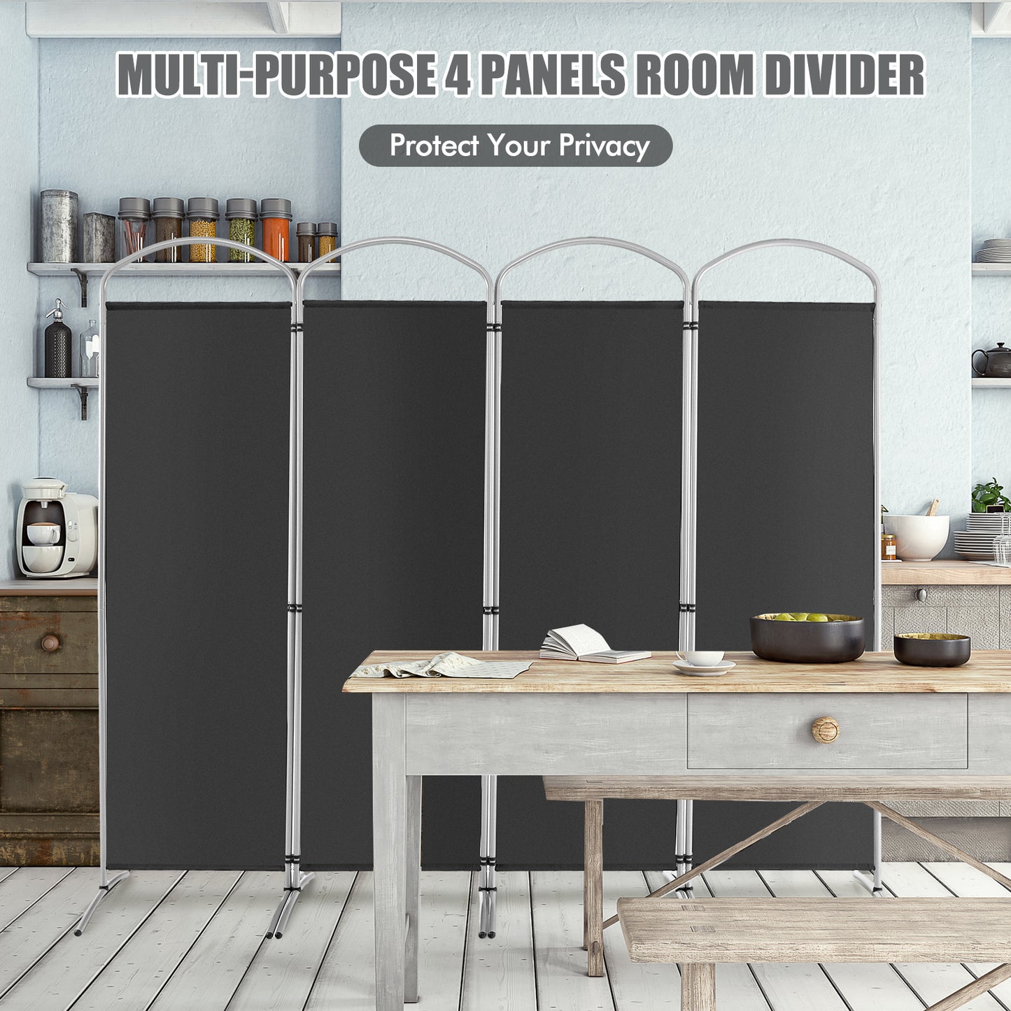 4 Panel Freestanding Folding Room Divider for Living Room Office-Black