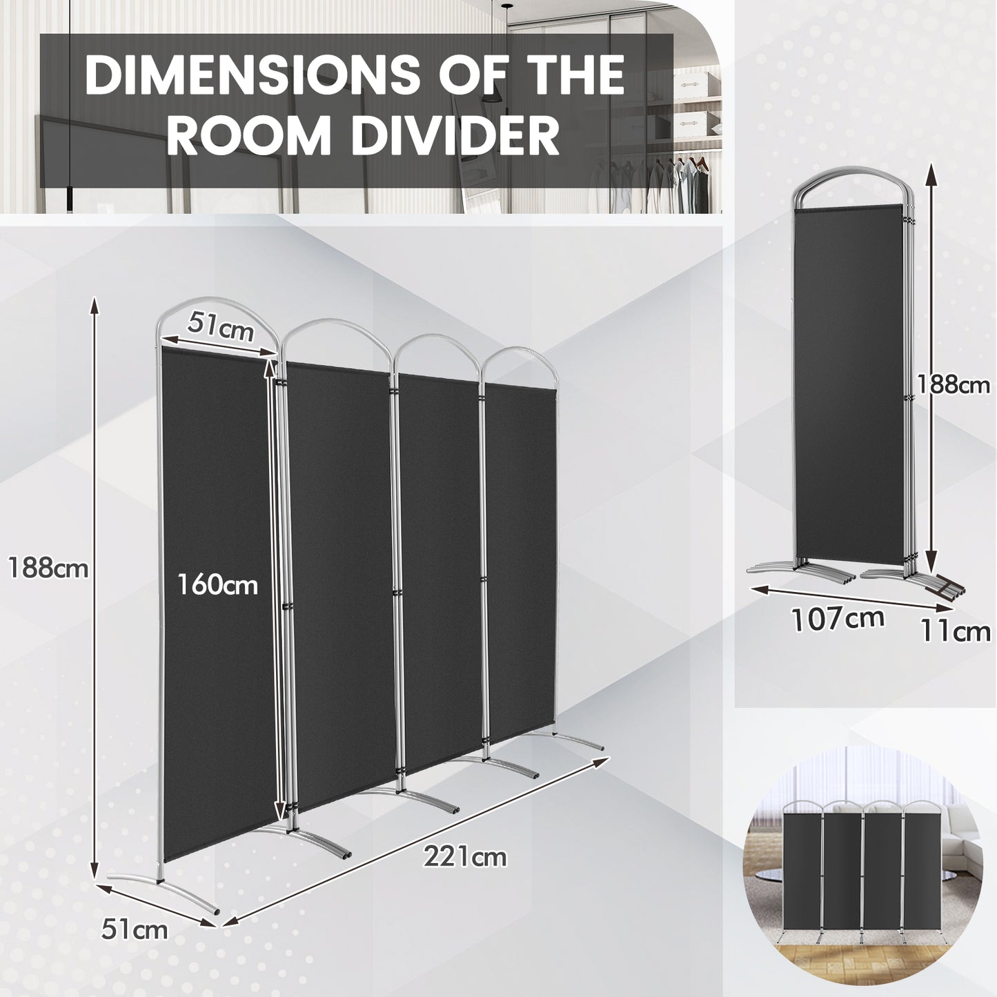 4 Panel Freestanding Folding Room Divider for Living Room Office-Black