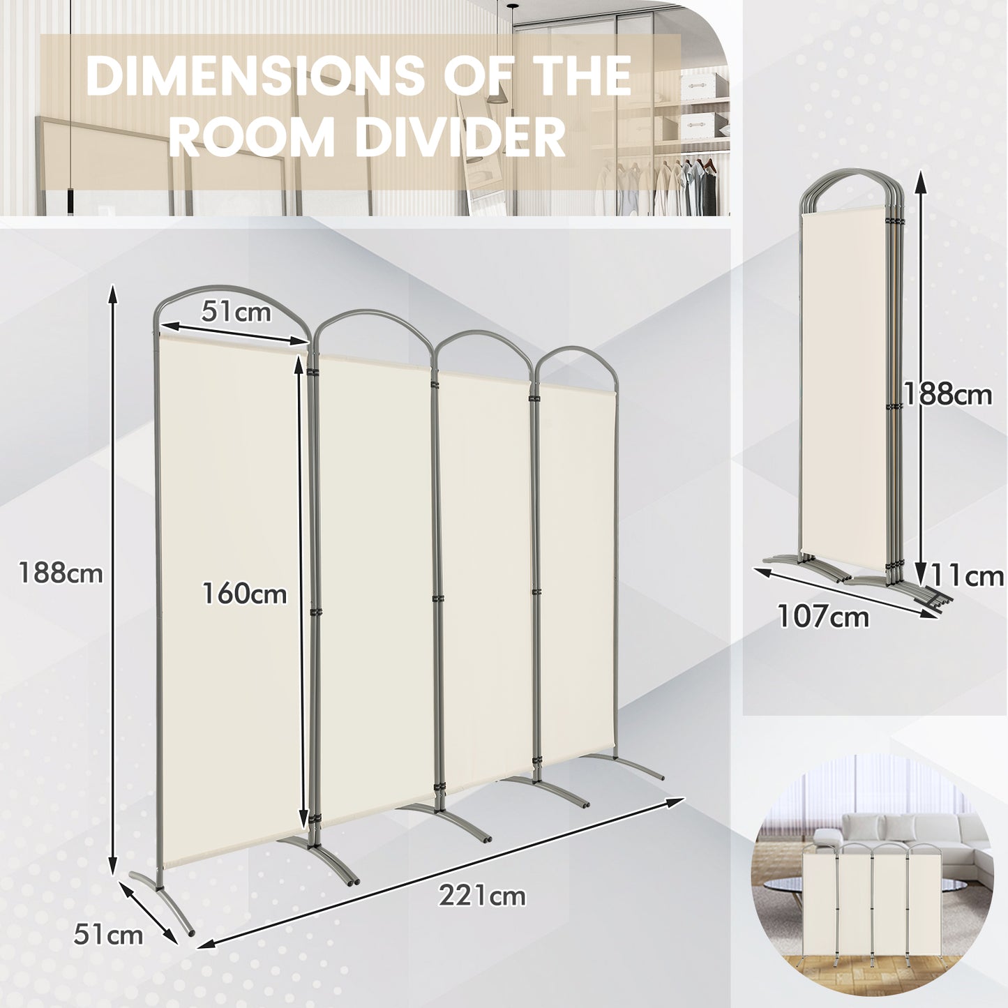4 Panel Freestanding Folding Room Divider for Living Room Office-Black