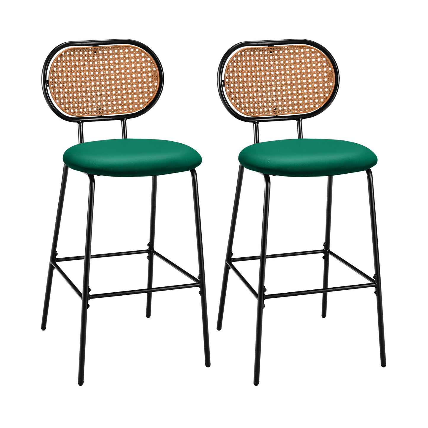 Set of 2 PU Leather Bar Stools with Rattan Backrest and Footrest-Brown