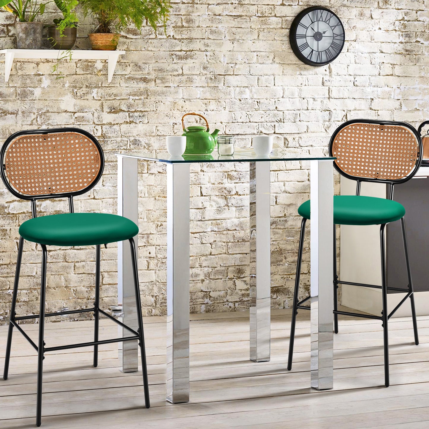Set of 2 PU Leather Bar Stools with Rattan Backrest and Footrest-Brown