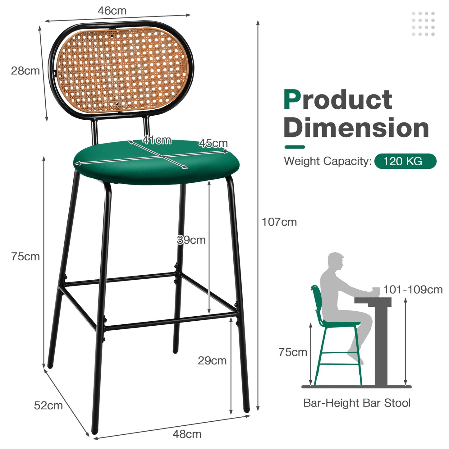 Set of 2 PU Leather Bar Stools with Rattan Backrest and Footrest-Brown