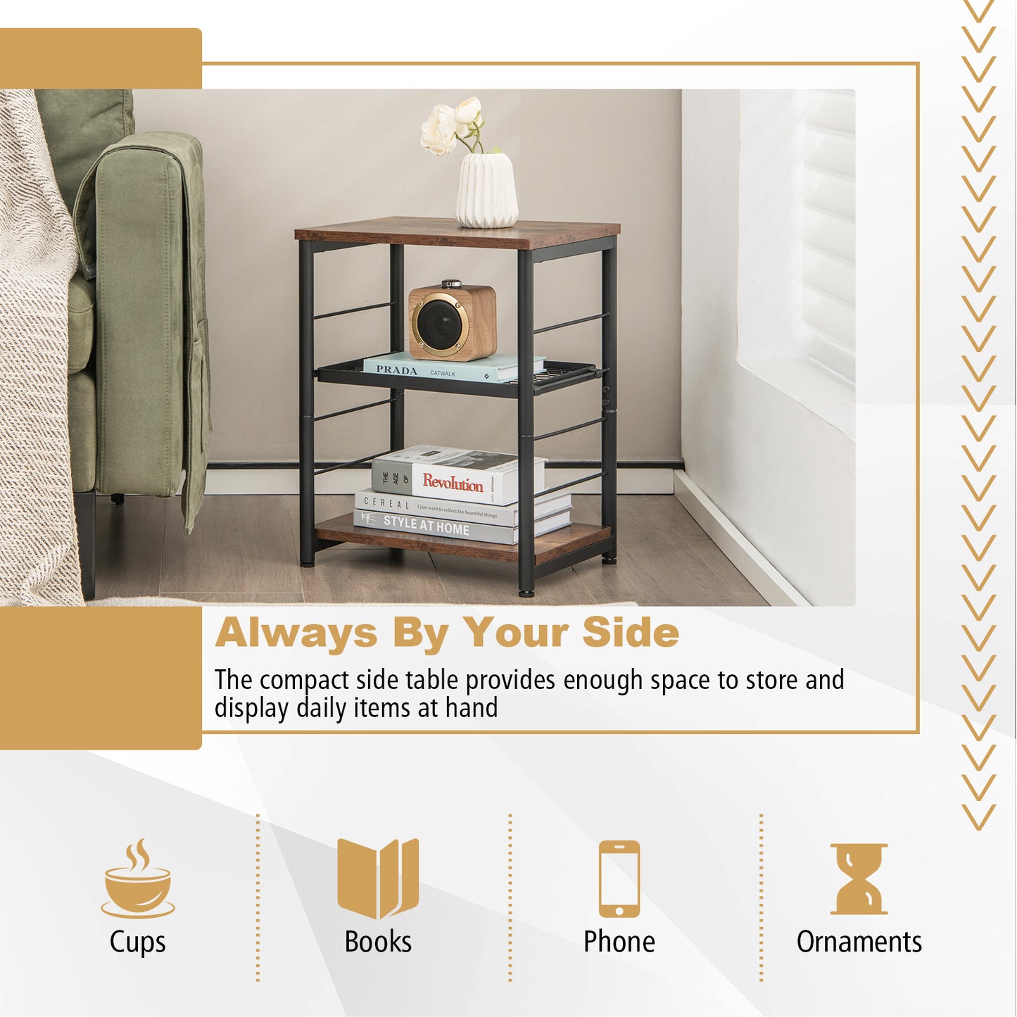 3-Tier Side Table with Adjustable Mesh Shelf for Living Room Bedroom-Rustic Brown