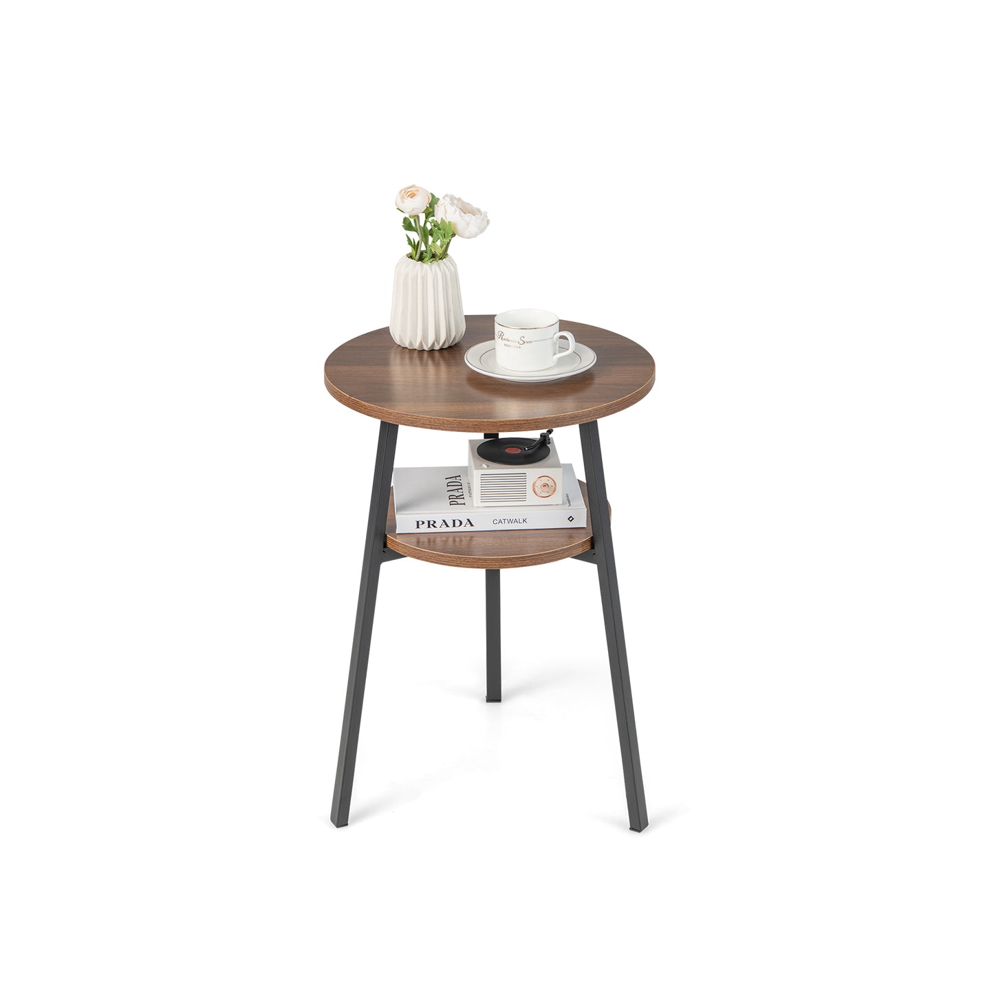 2-Tier Wooden Round Side Table with Storage Shelf-Brown