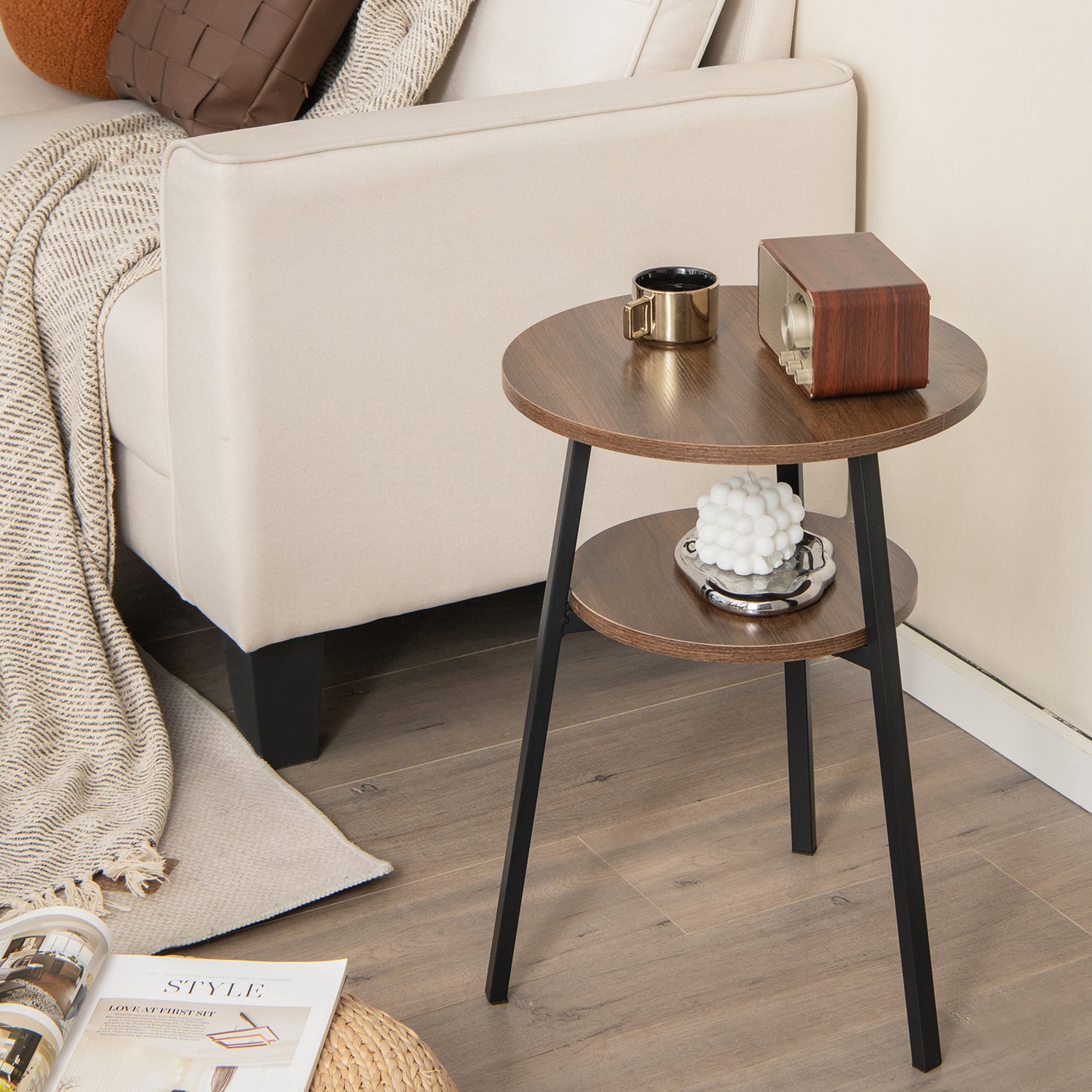 2-Tier Wooden Round Side Table with Storage Shelf-Brown