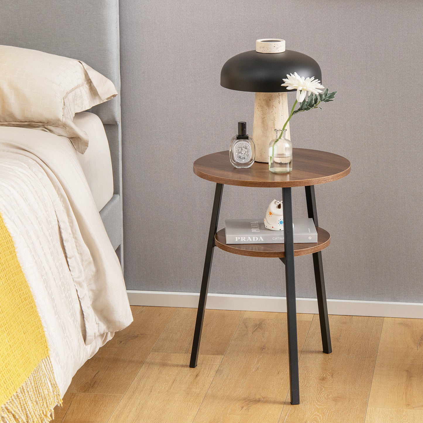 2-Tier Wooden Round Side Table with Storage Shelf-Brown