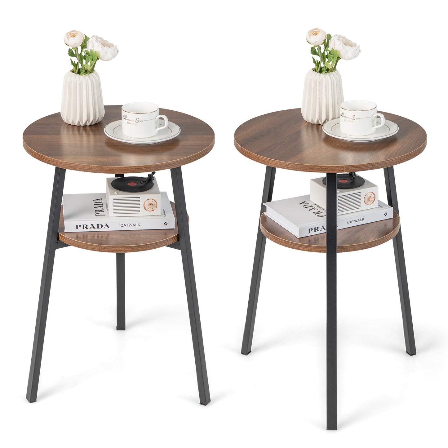 2-Tier Wooden Round Side Table with Storage Shelf-Brown