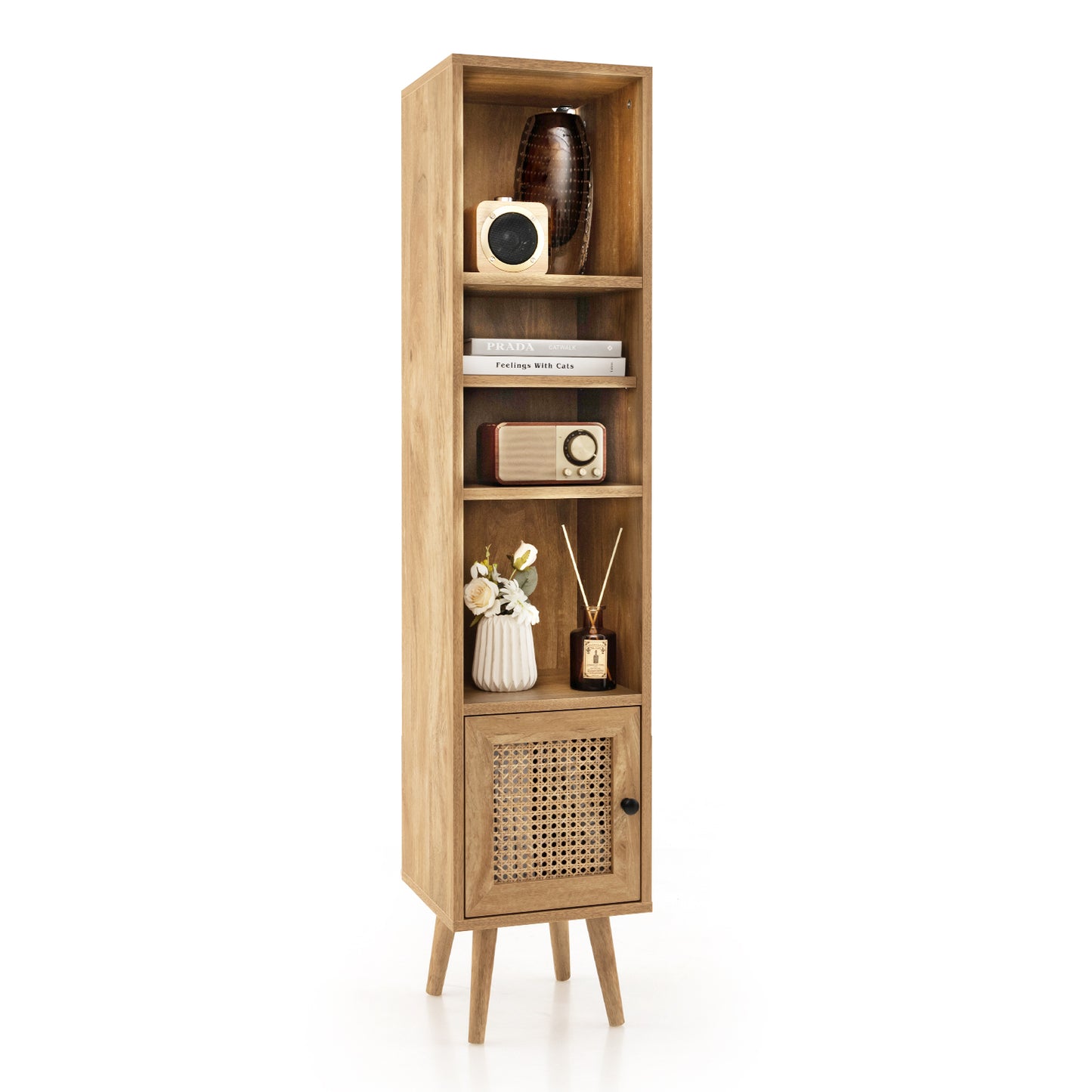 Freestanding Slim Cabinet with Rattan Door and Solid Wood Legs-Black