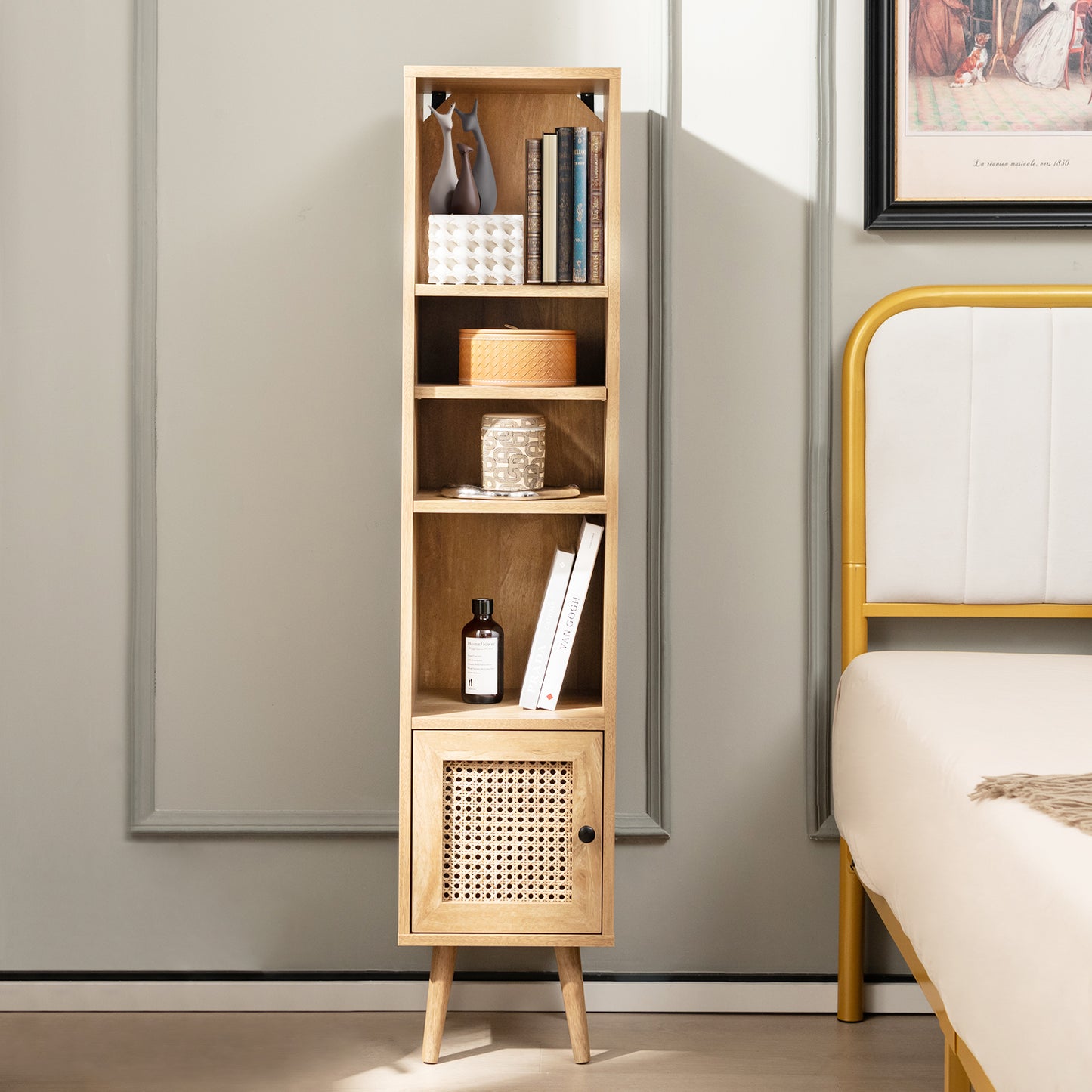 Freestanding Slim Cabinet with Rattan Door and Solid Wood Legs-Black