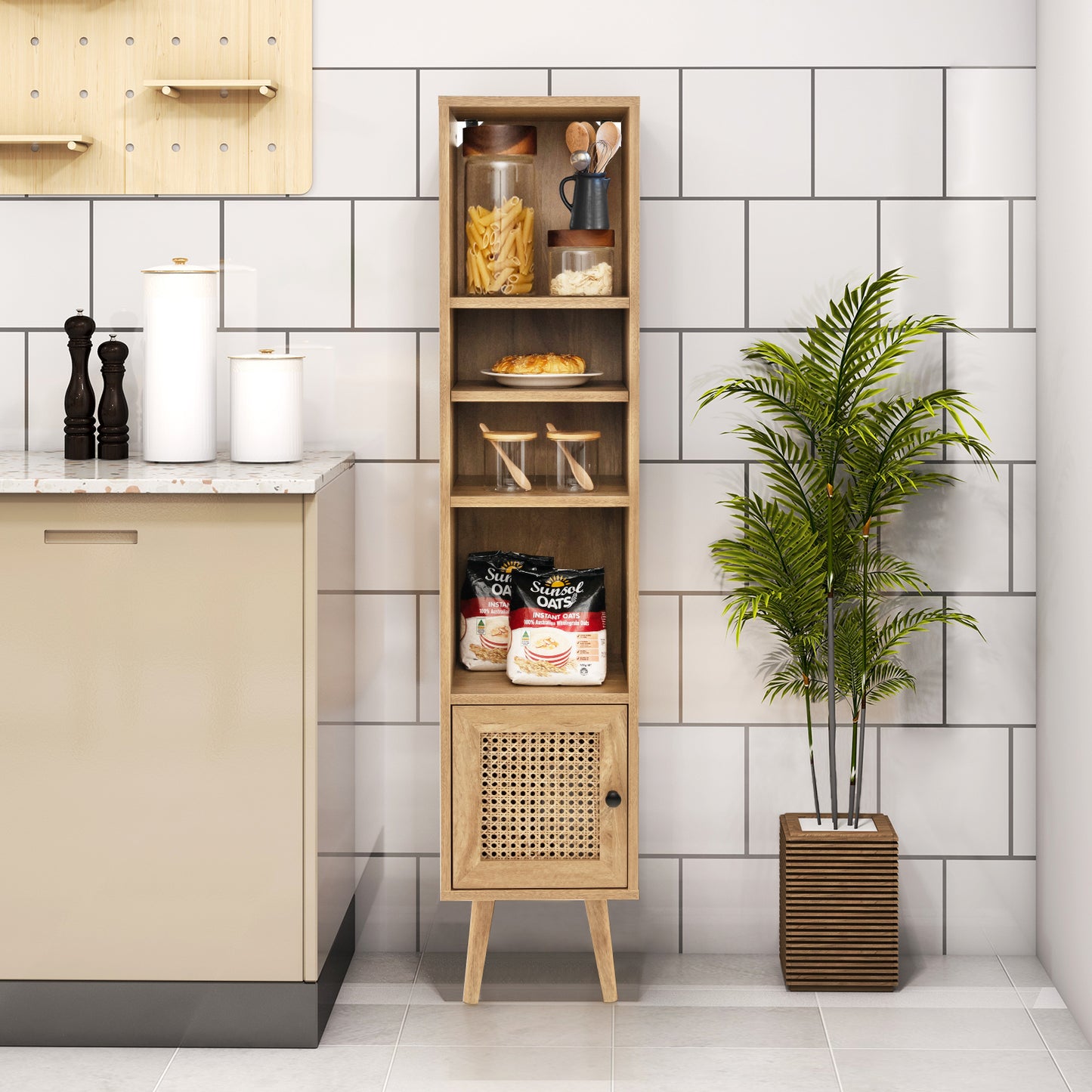 Freestanding Slim Cabinet with Rattan Door and Solid Wood Legs-Black