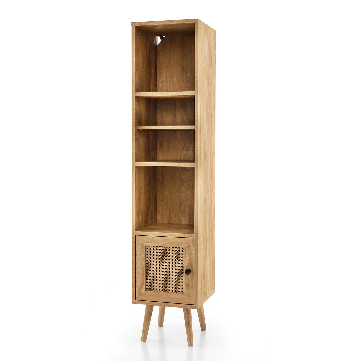 Freestanding Slim Cabinet with Rattan Door and Solid Wood Legs-Black