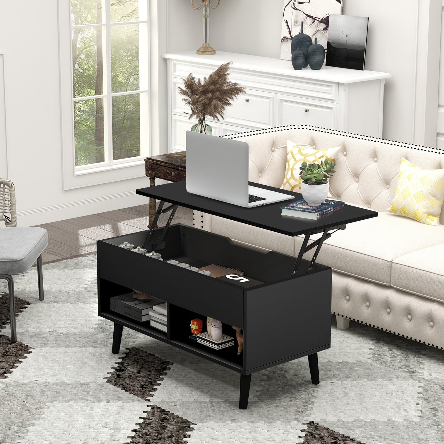 Lift Up Top Coffee Table with Hidden Storage Compartment and Open Shelf-Black