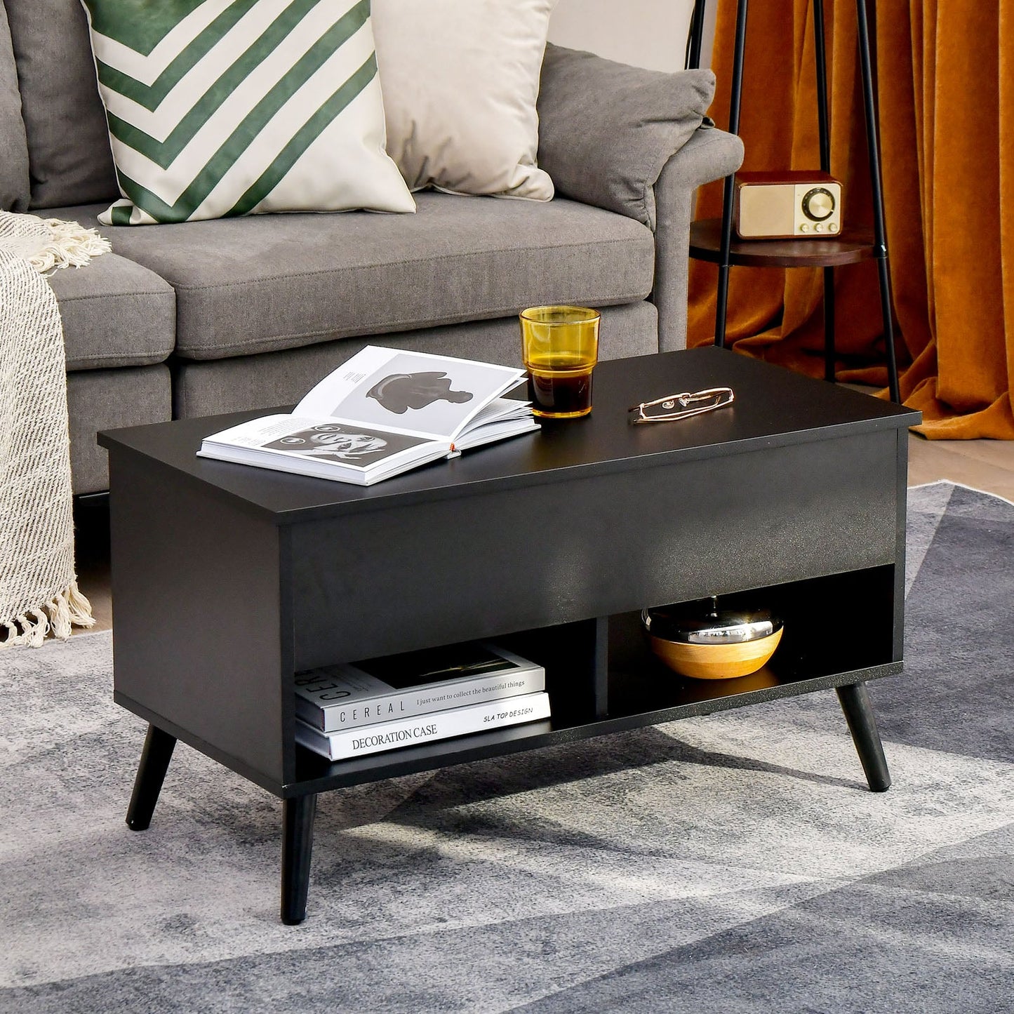 Lift Up Top Coffee Table with Hidden Storage Compartment and Open Shelf-Black