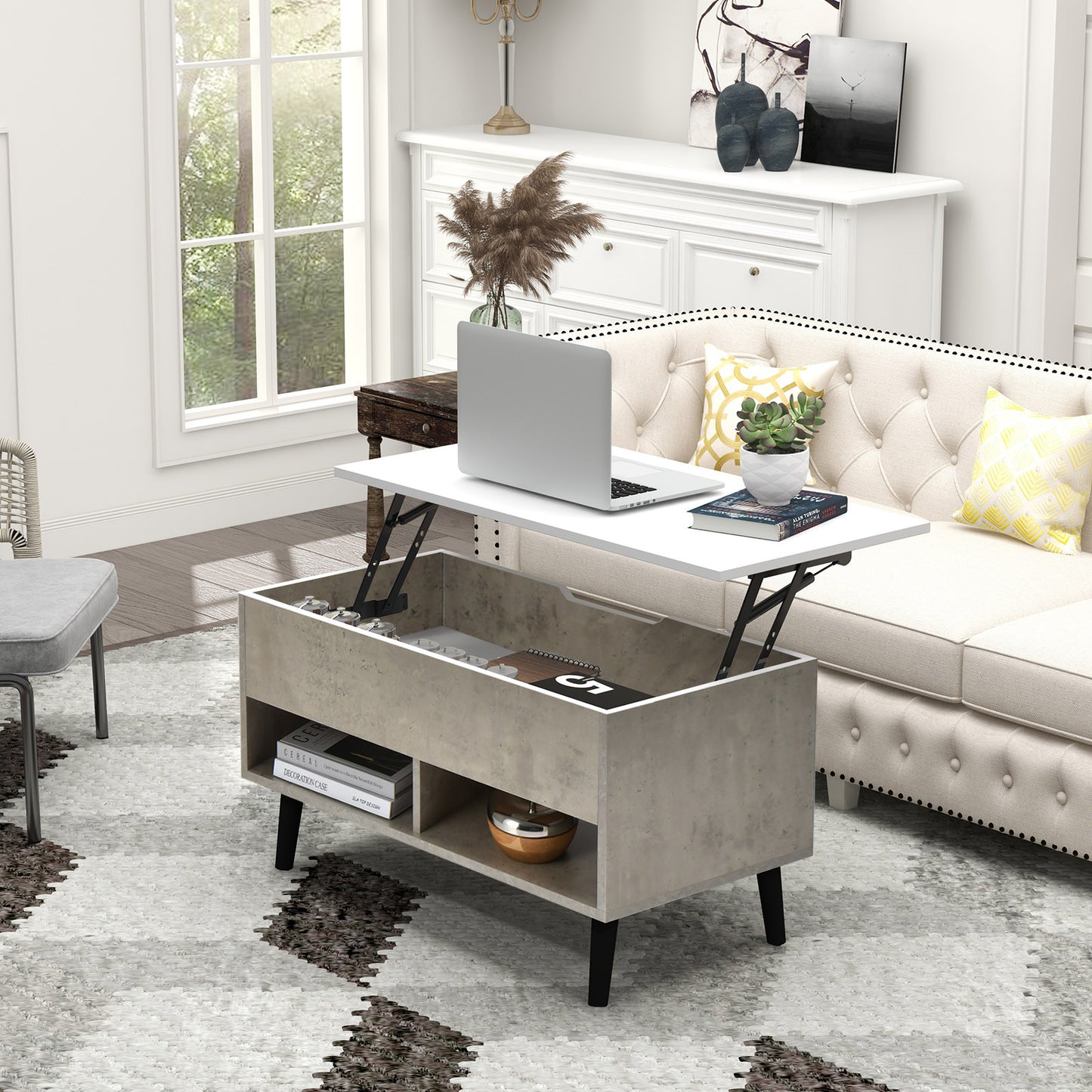 Lift Up Top Coffee Table with Hidden Storage Compartment and Open Shelf-Black