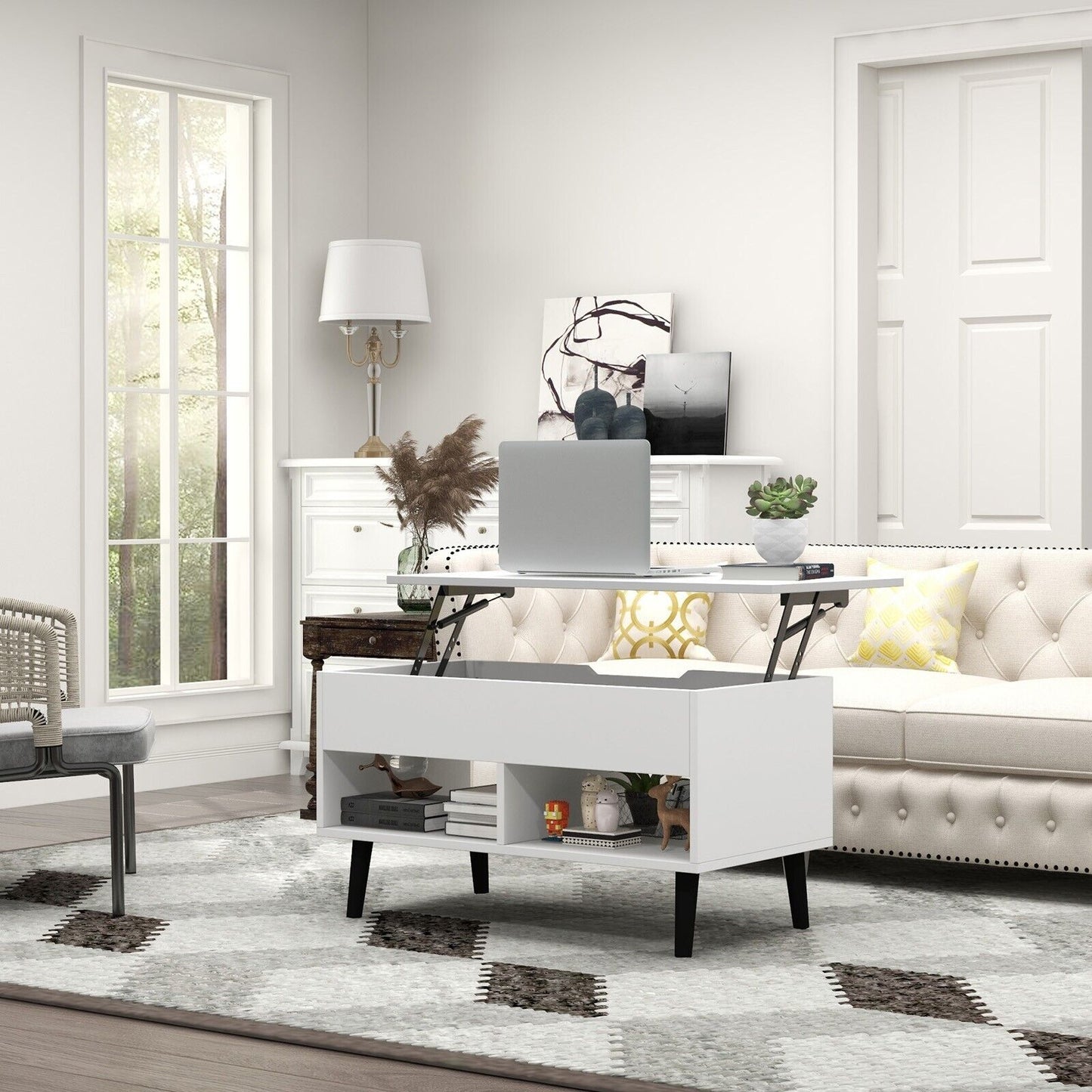 Lift Up Top Coffee Table with Hidden Storage Compartment and Open Shelf-Black