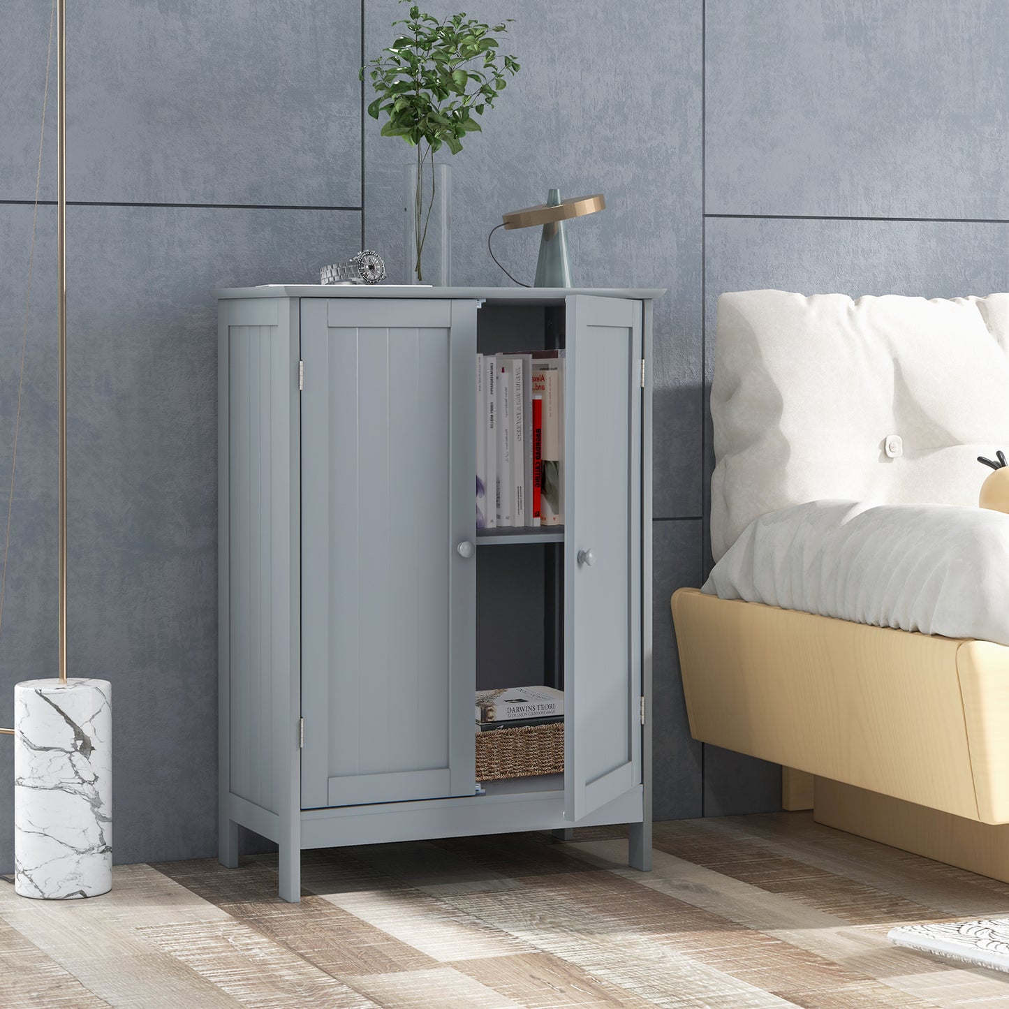 Double Door Bathroom Floor Cabinet with Shelf-Black