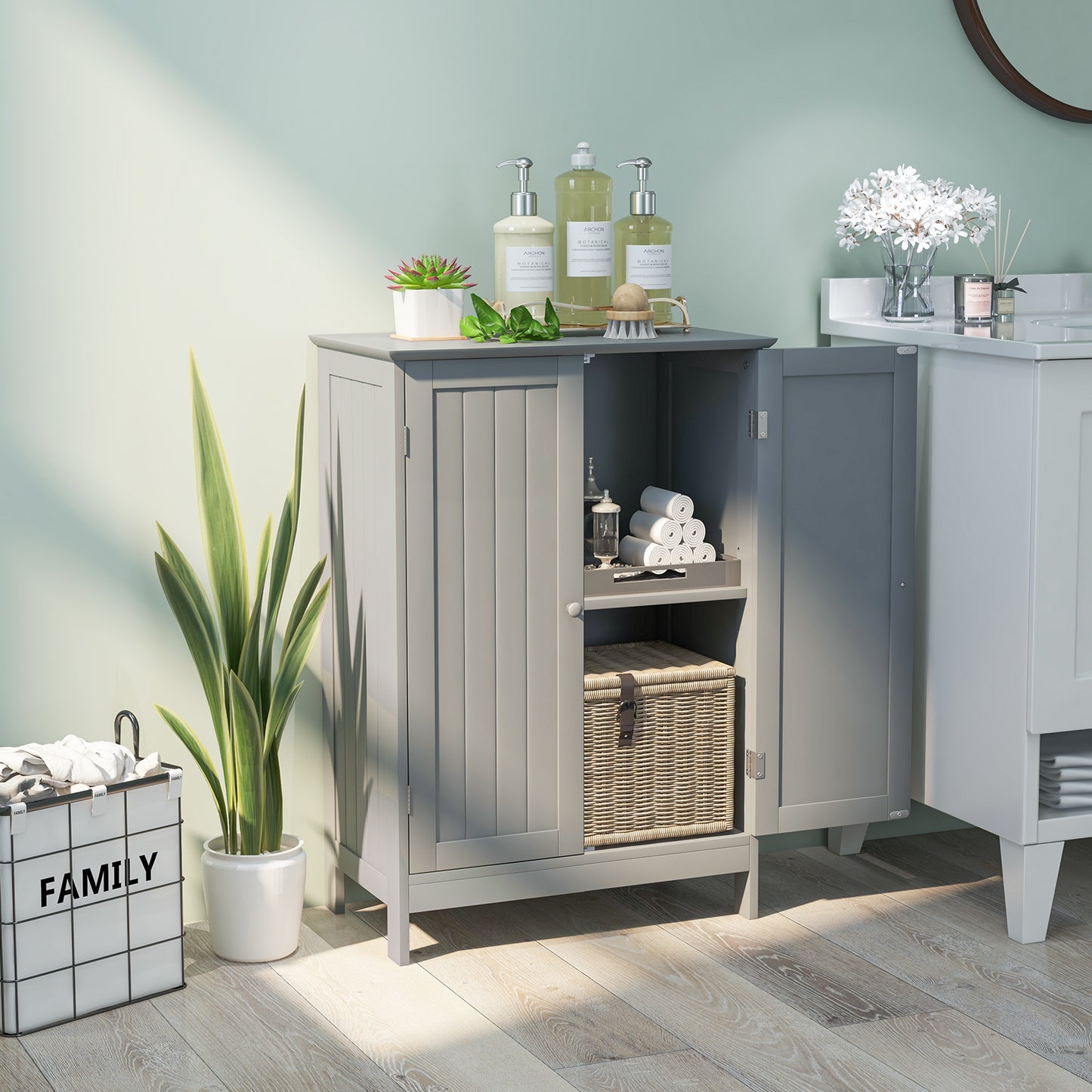 Double Door Bathroom Floor Cabinet with Shelf-Black