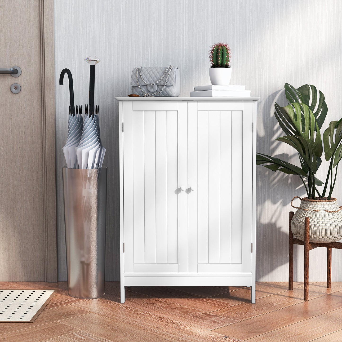 Double Door Bathroom Floor Cabinet with Shelf-Black