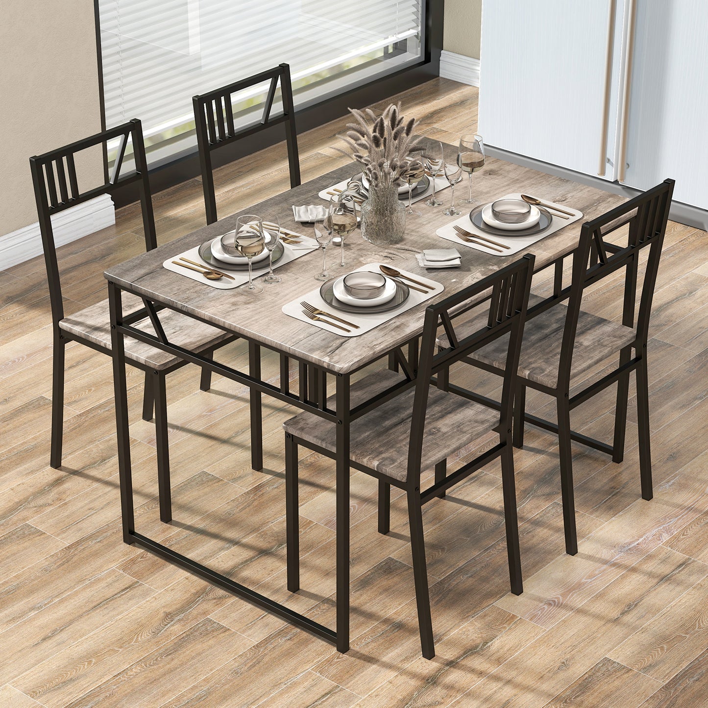 Industrial-Style Kitchen Table and 4 Chairs with Wood Like Tabletop and Metal Frame-Brown