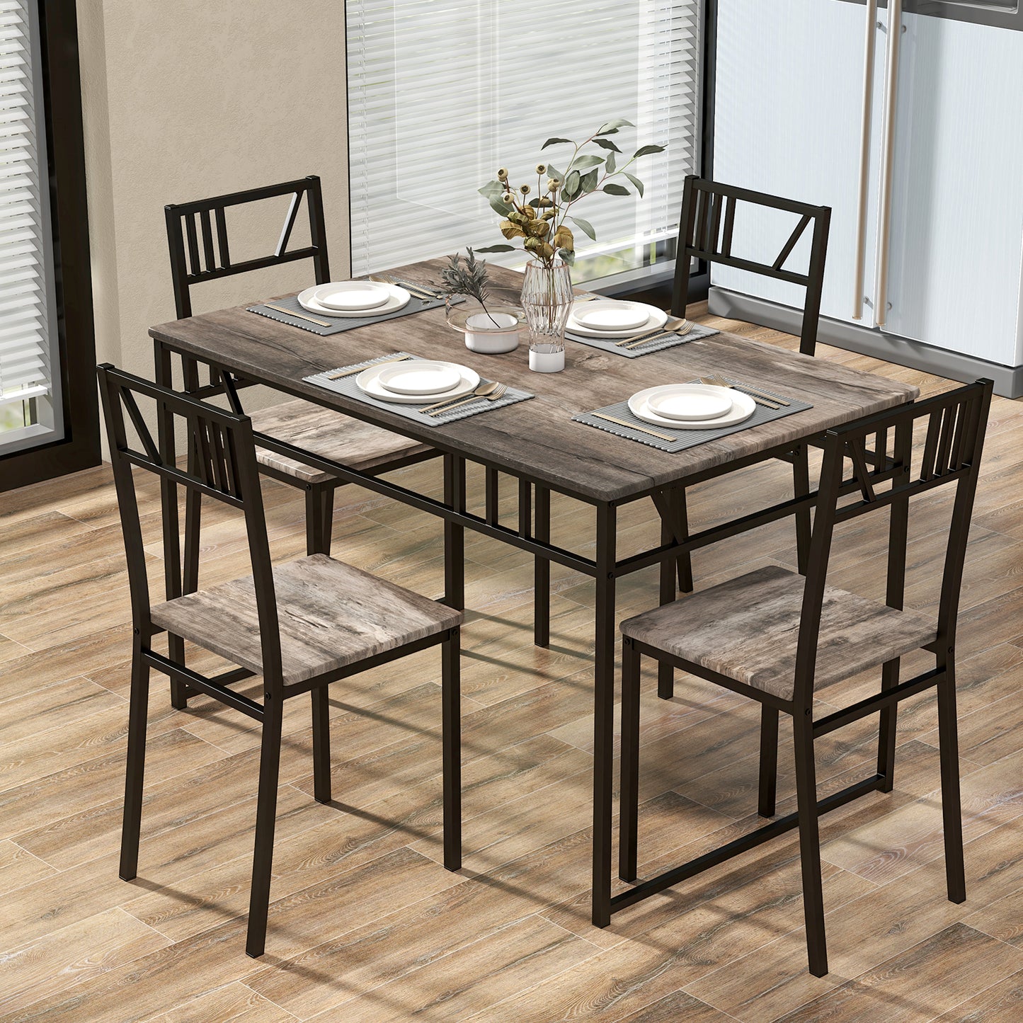Industrial-Style Kitchen Table and 4 Chairs with Wood Like Tabletop and Metal Frame-Brown