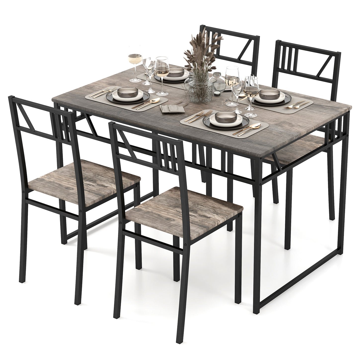 Industrial-Style Kitchen Table and 4 Chairs with Wood Like Tabletop and Metal Frame-Brown
