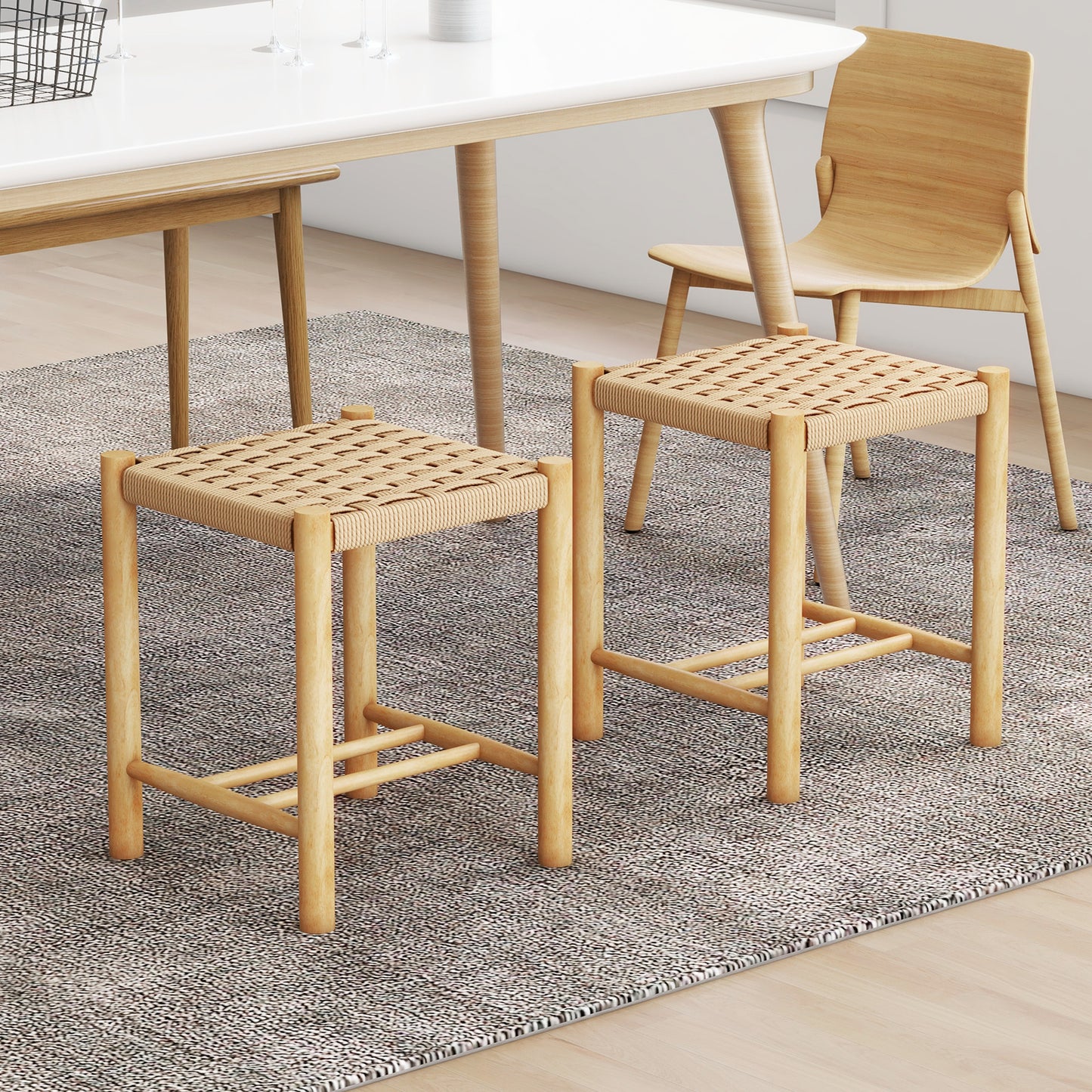 Dining Stool Set of 2 with Rubber Wood Frame and Woven Paper Seat-56 x 36 x 45cm