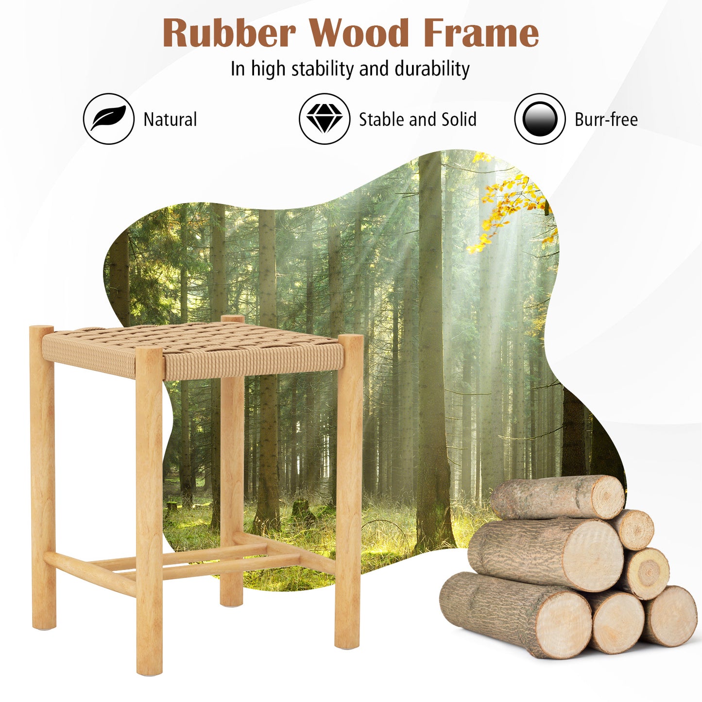 Dining Stool Set of 2 with Rubber Wood Frame and Woven Paper Seat-56 x 36 x 45cm