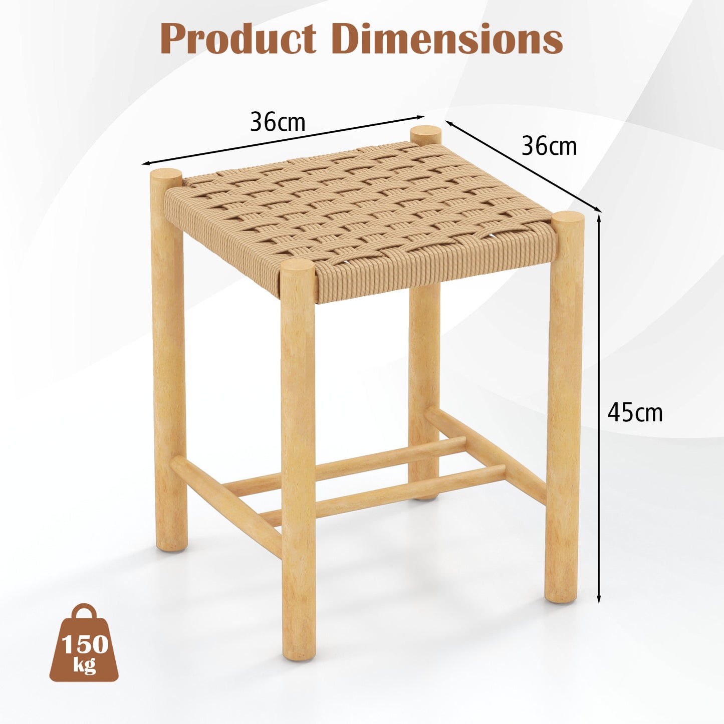 Dining Stool Set of 2 with Rubber Wood Frame and Woven Paper Seat-56 x 36 x 45cm