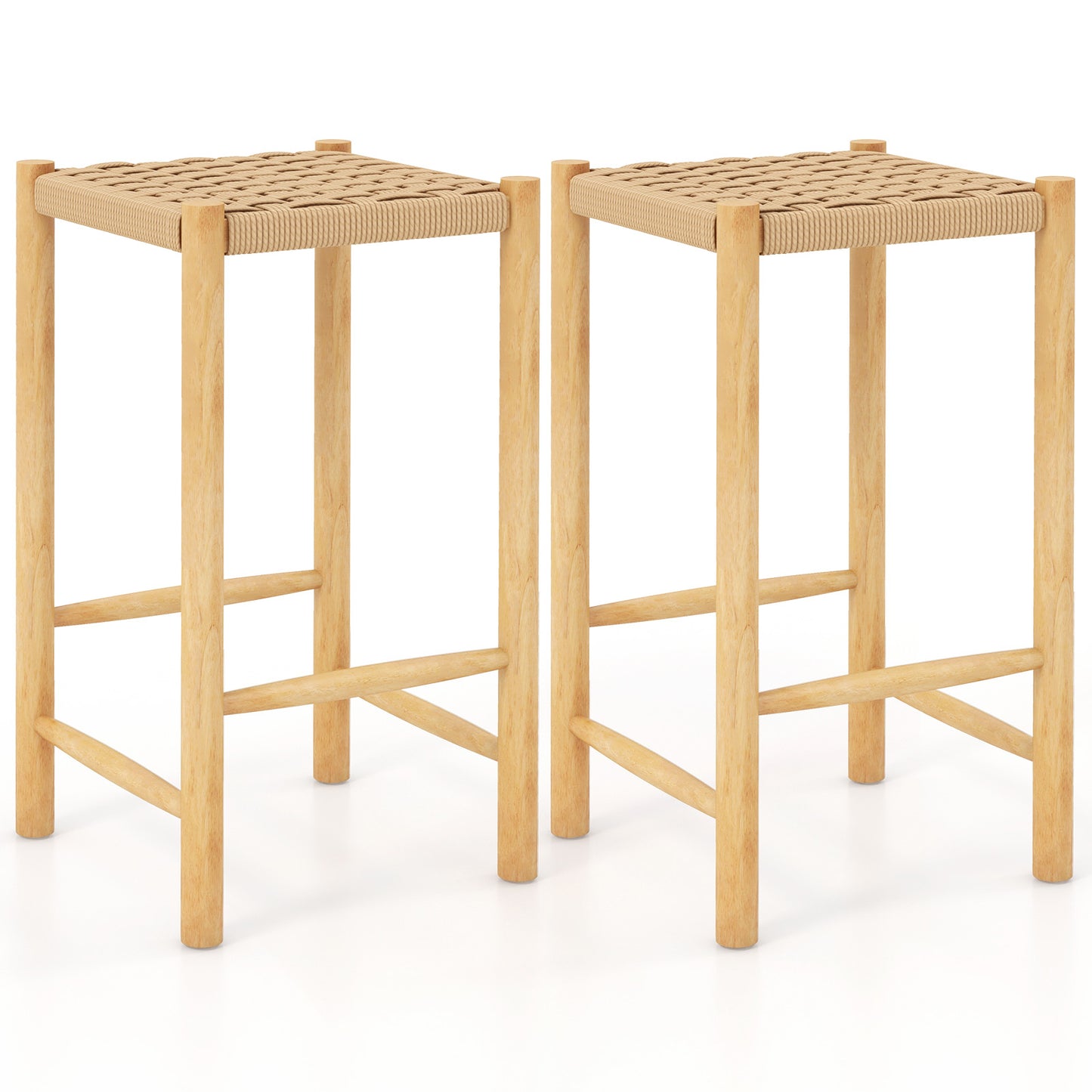 Dining Stool Set of 2 with Rubber Wood Frame and Woven Paper Seat-56 x 36 x 45cm