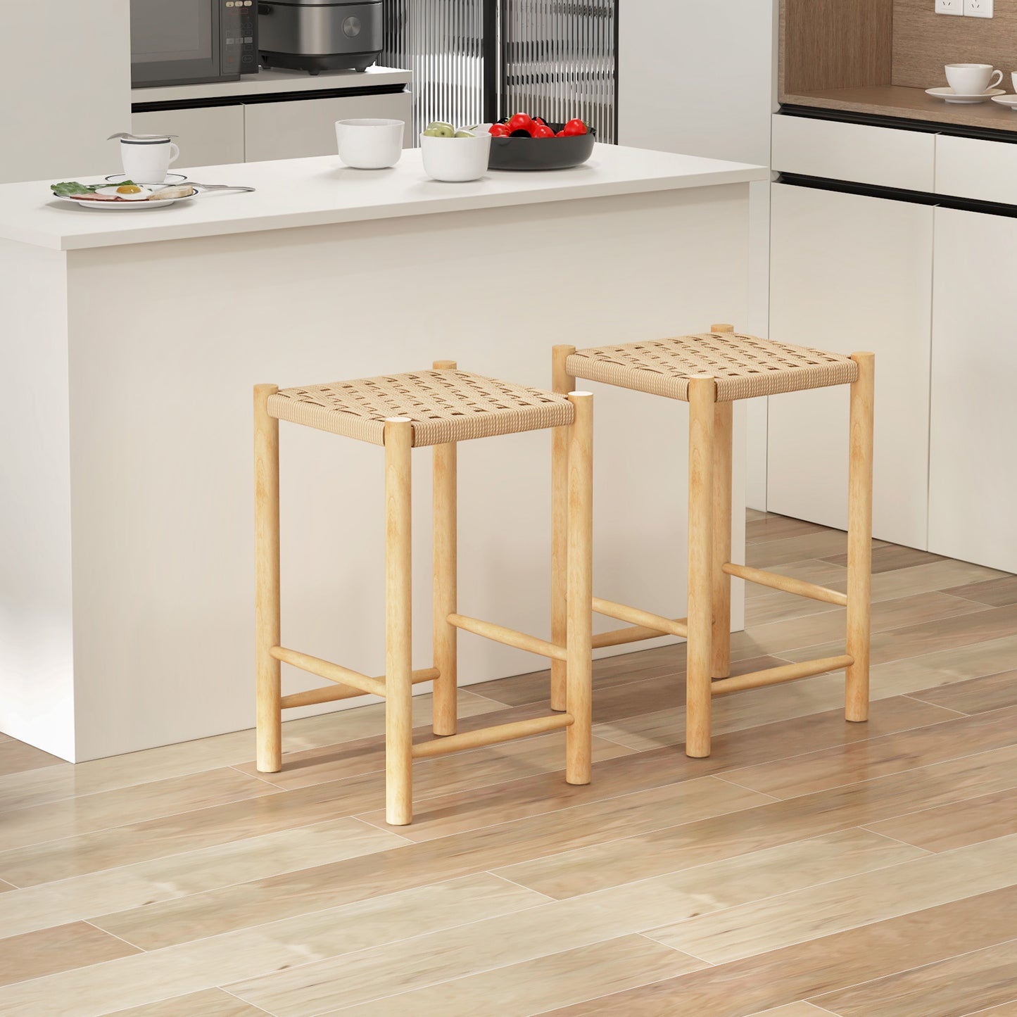 Dining Stool Set of 2 with Rubber Wood Frame and Woven Paper Seat-56 x 36 x 45cm