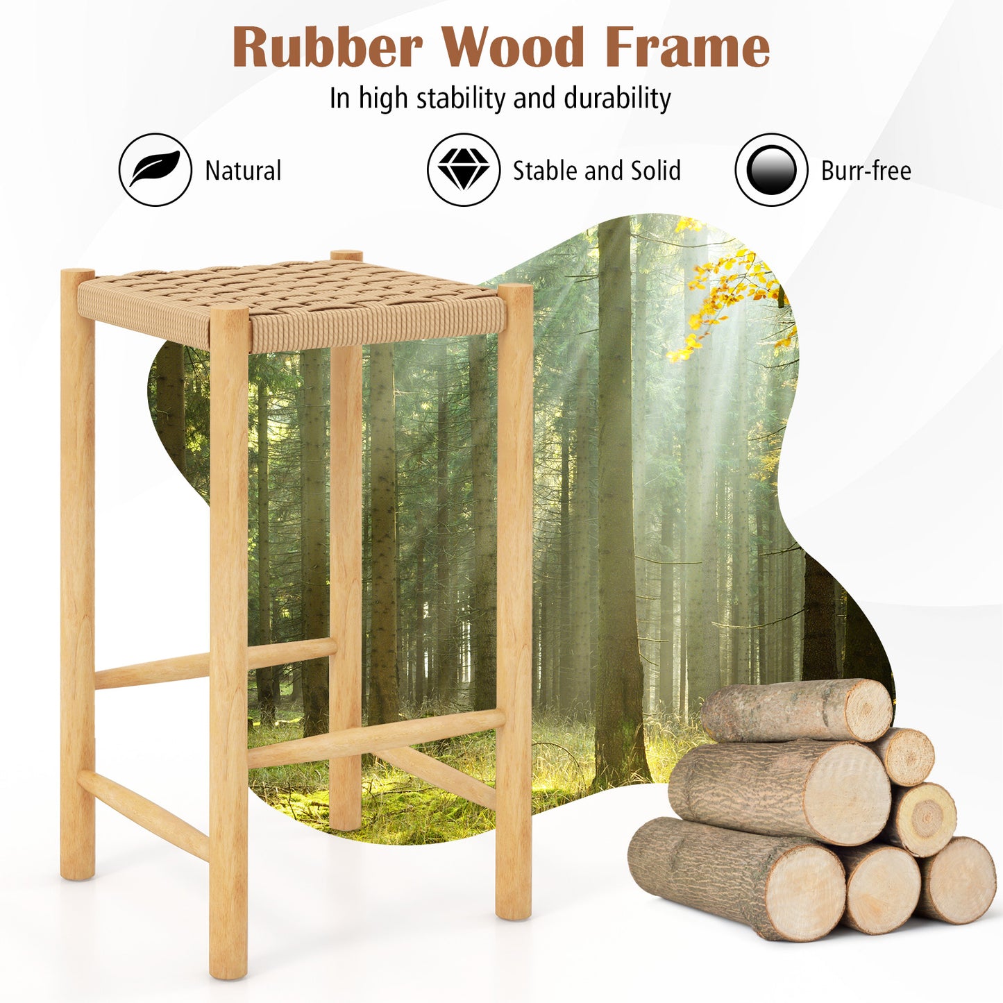Dining Stool Set of 2 with Rubber Wood Frame and Woven Paper Seat-56 x 36 x 45cm