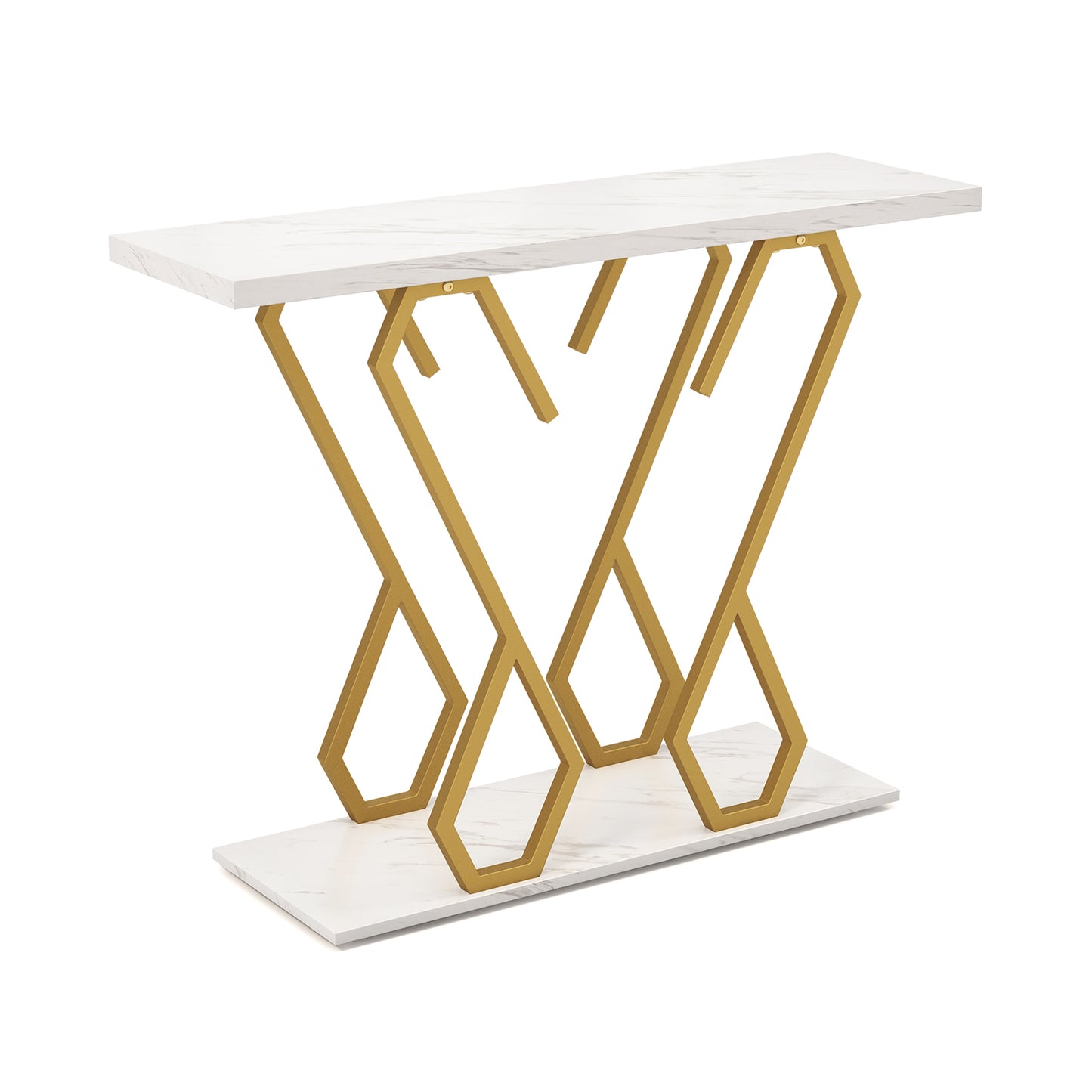 Faux Marble Console Table with Adjustable Foot Pads-Rustic Brown