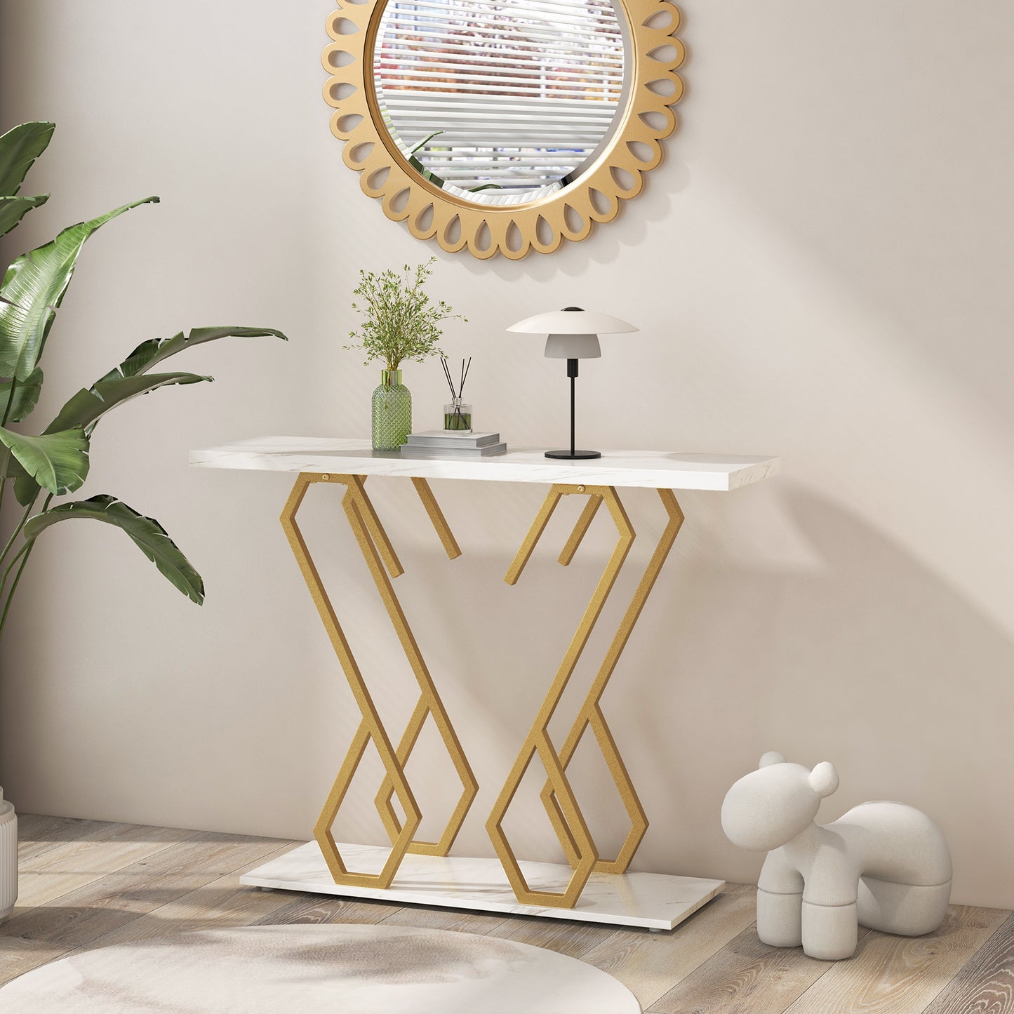 Faux Marble Console Table with Adjustable Foot Pads-Rustic Brown