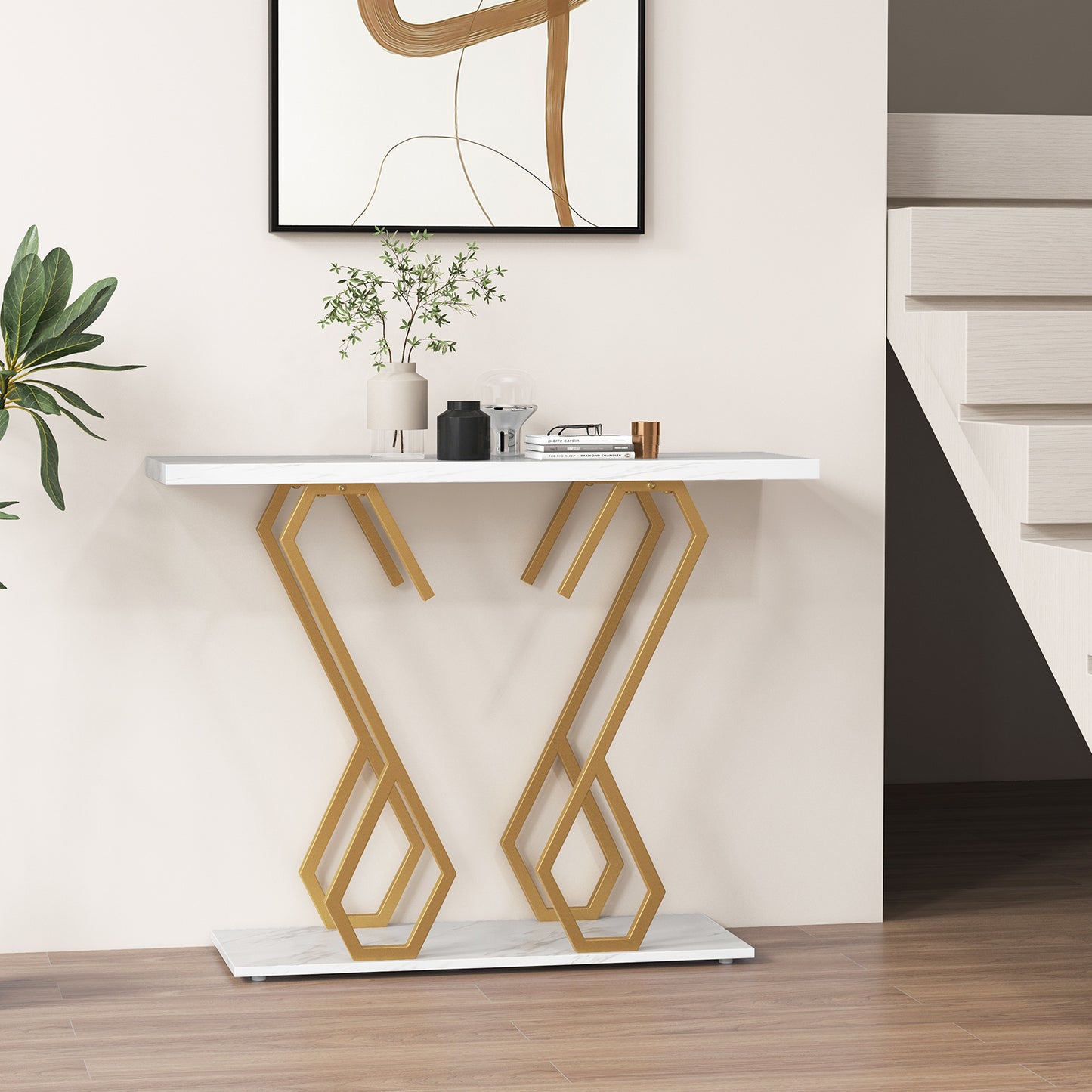 Faux Marble Console Table with Adjustable Foot Pads-Rustic Brown
