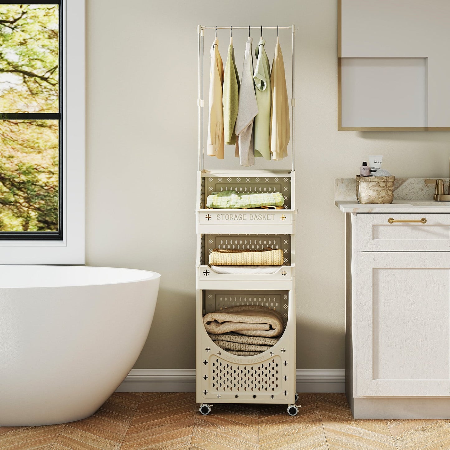 2-in-1 3/4-Tier Laundry Cart with Hanging Bar and Lockable Wheels-3-Tier-Beige