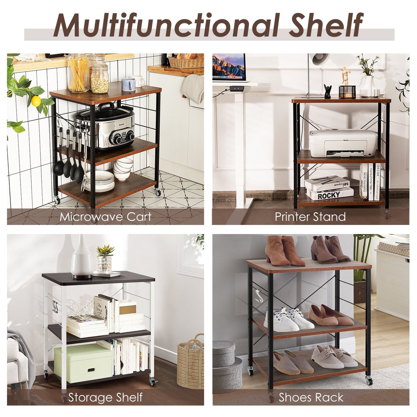 3 Tier Rolling Kitchen Baker's Rack with Adjustable Shelf and Hooks-Net Brown