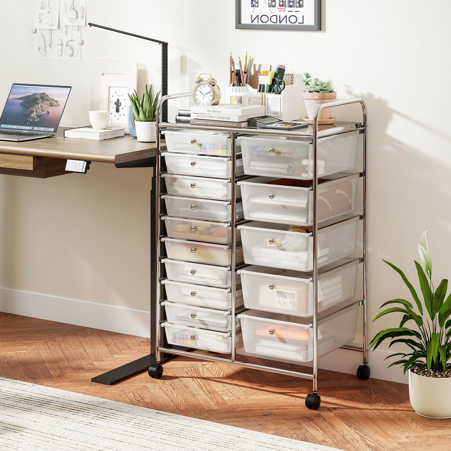 15-Drawer Rolling Storage Cart with Lockable Wheels and Removable Drawers-Black