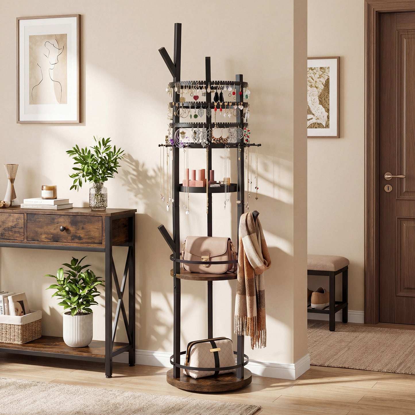 Jewelry Organizer Stand 360° Rotating Floor Jewelry Storage Rack Free Standing Jewelry Display Tower-Grey