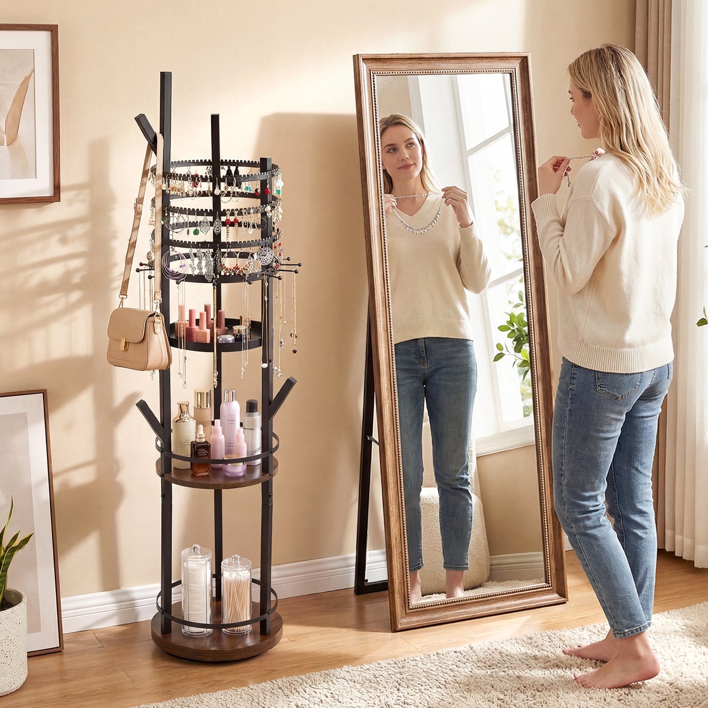 Jewelry Organizer Stand 360° Rotating Floor Jewelry Storage Rack Free Standing Jewelry Display Tower-Grey