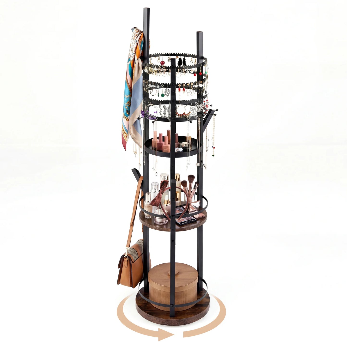 Jewelry Organizer Stand 360° Rotating Floor Jewelry Storage Rack Free Standing Jewelry Display Tower-Grey