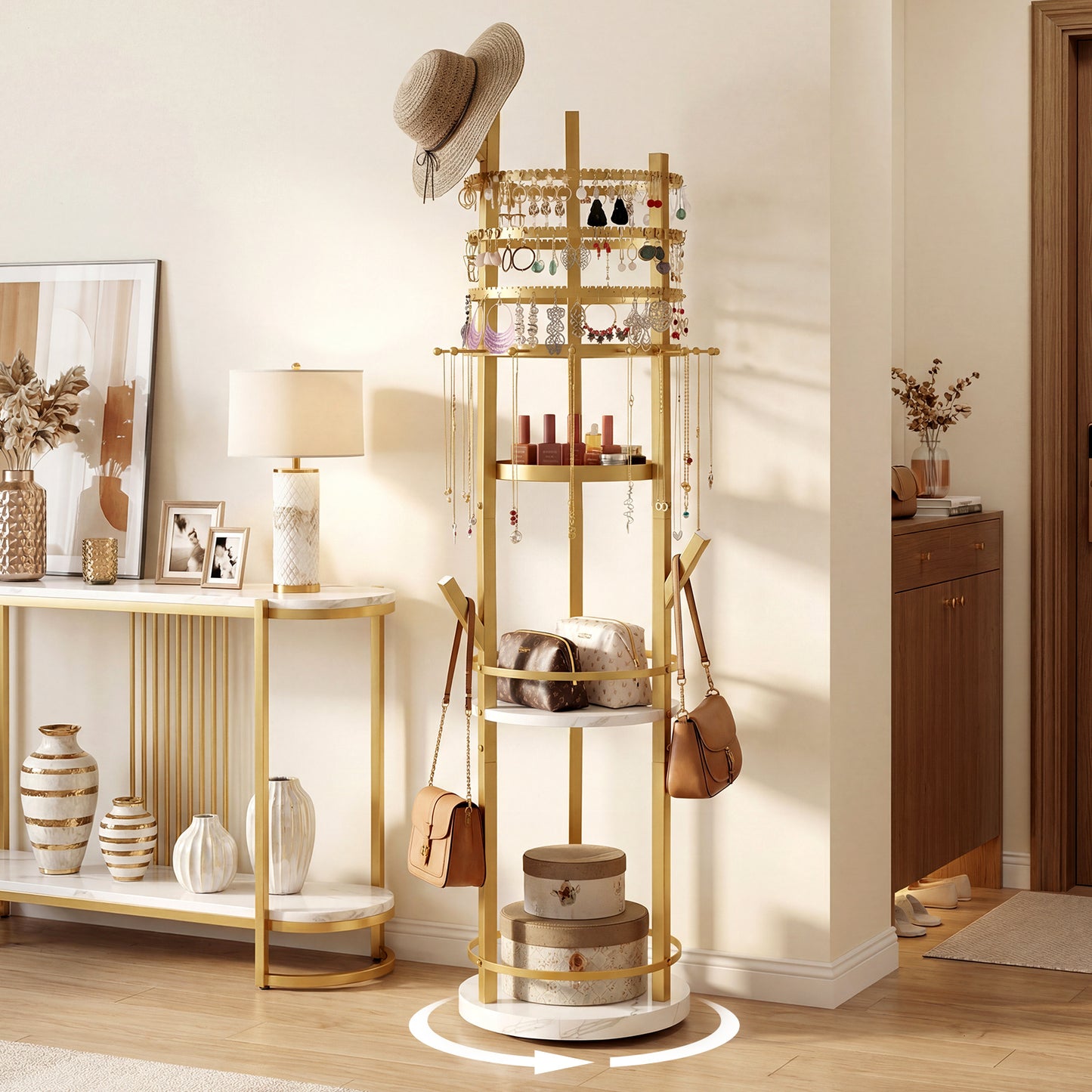 Jewelry Organizer Stand 360° Rotating Floor Jewelry Storage Rack Free Standing Jewelry Display Tower-Grey