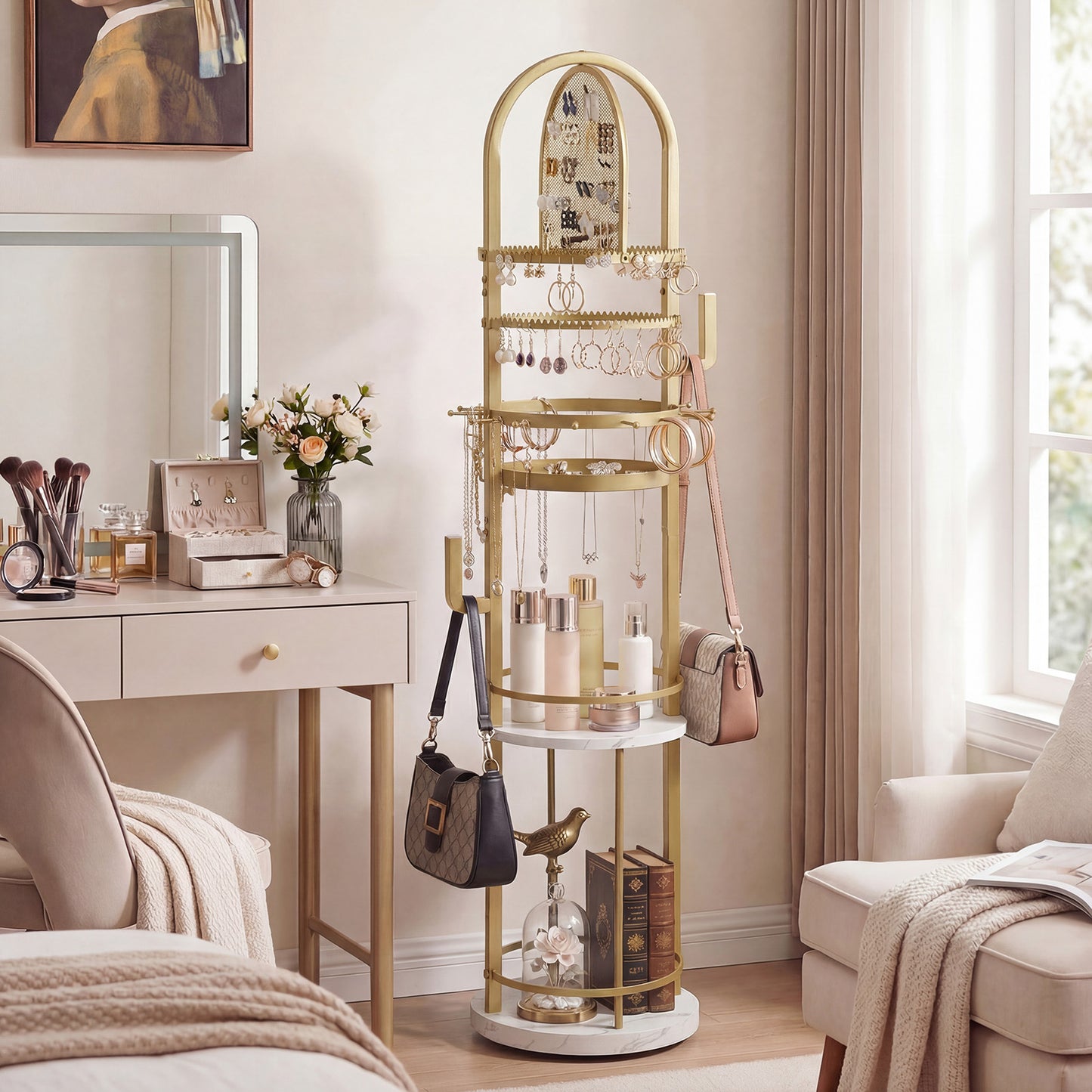 Jewelry Organizer Stand 360° Rotating Floor Jewelry Storage Rack with Earring Necklace Holders-Gray
