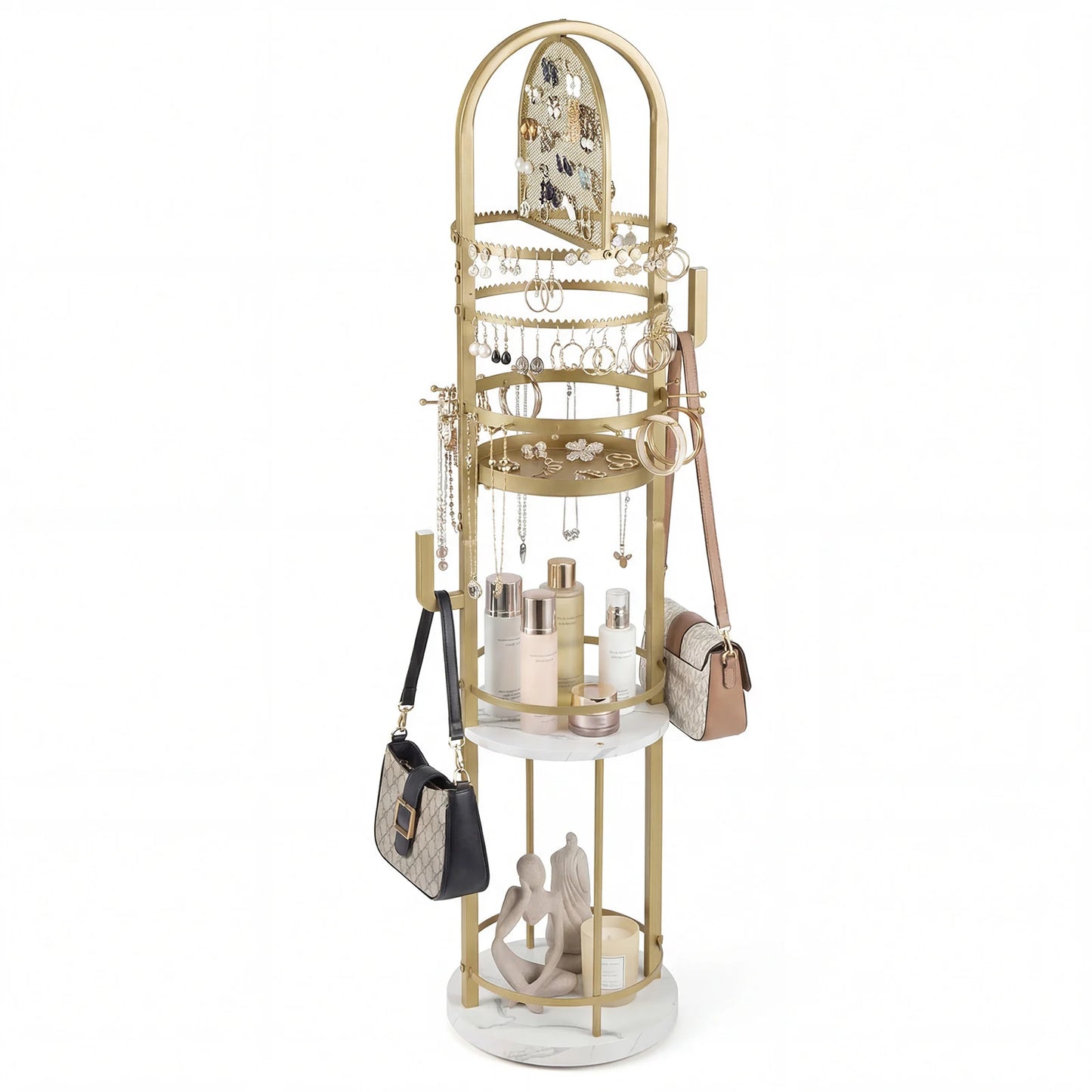 Jewelry Organizer Stand 360° Rotating Floor Jewelry Storage Rack with Earring Necklace Holders-Gray