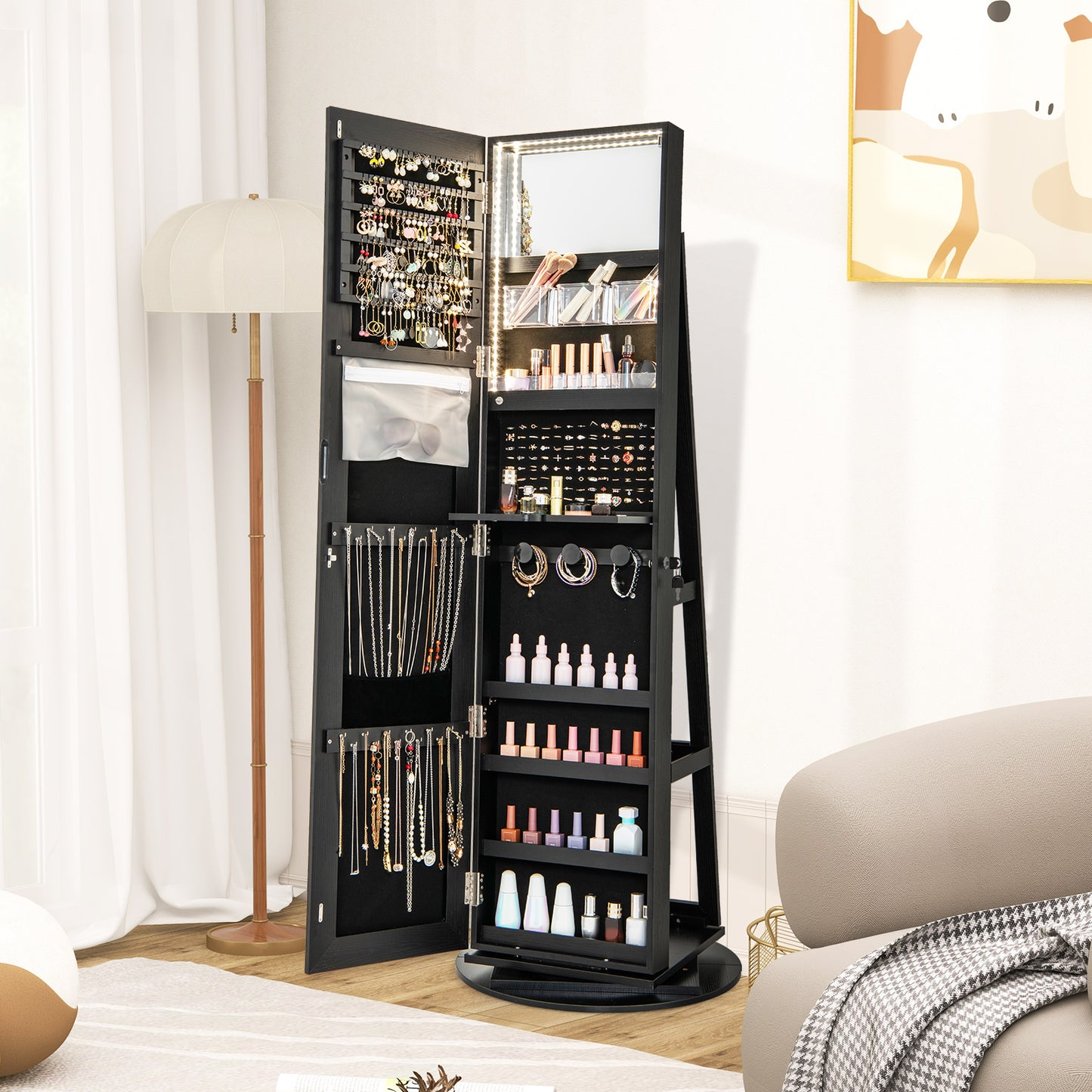 360-Degree Mirrored Jewelry Armoire with 3-Color Auto-on LED Lights-Rustic Brown